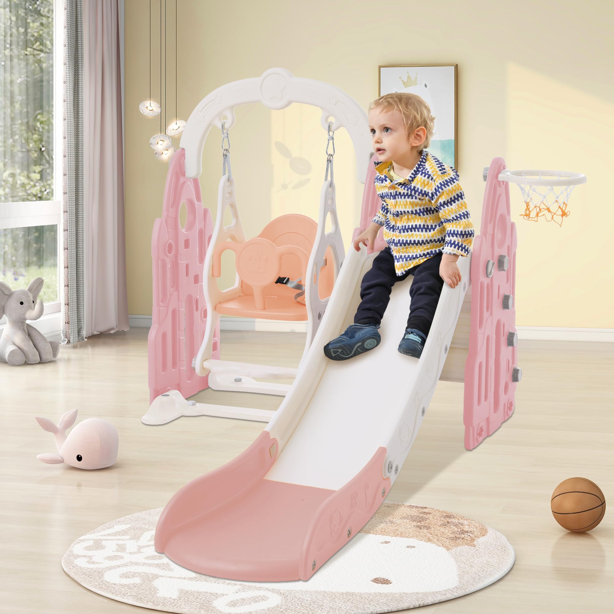 LKJYBG 4 in 1 Toddler Slide Swing Set Freestanding Slide Climber Playset with Basketball Hoop Indoor Outdoor Playground Equipment for Kids Gifts Pink+White