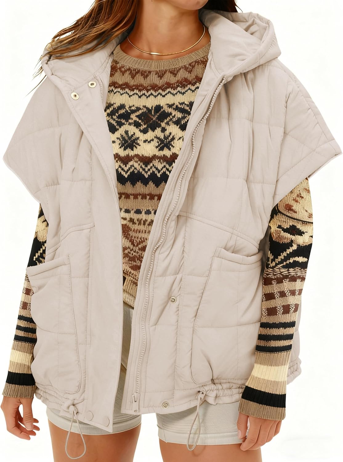 Zhiyouni Women's Quilted Puffer Vest Casual Hooded Short Sleeves Padded Jacket Poncho Outerwear