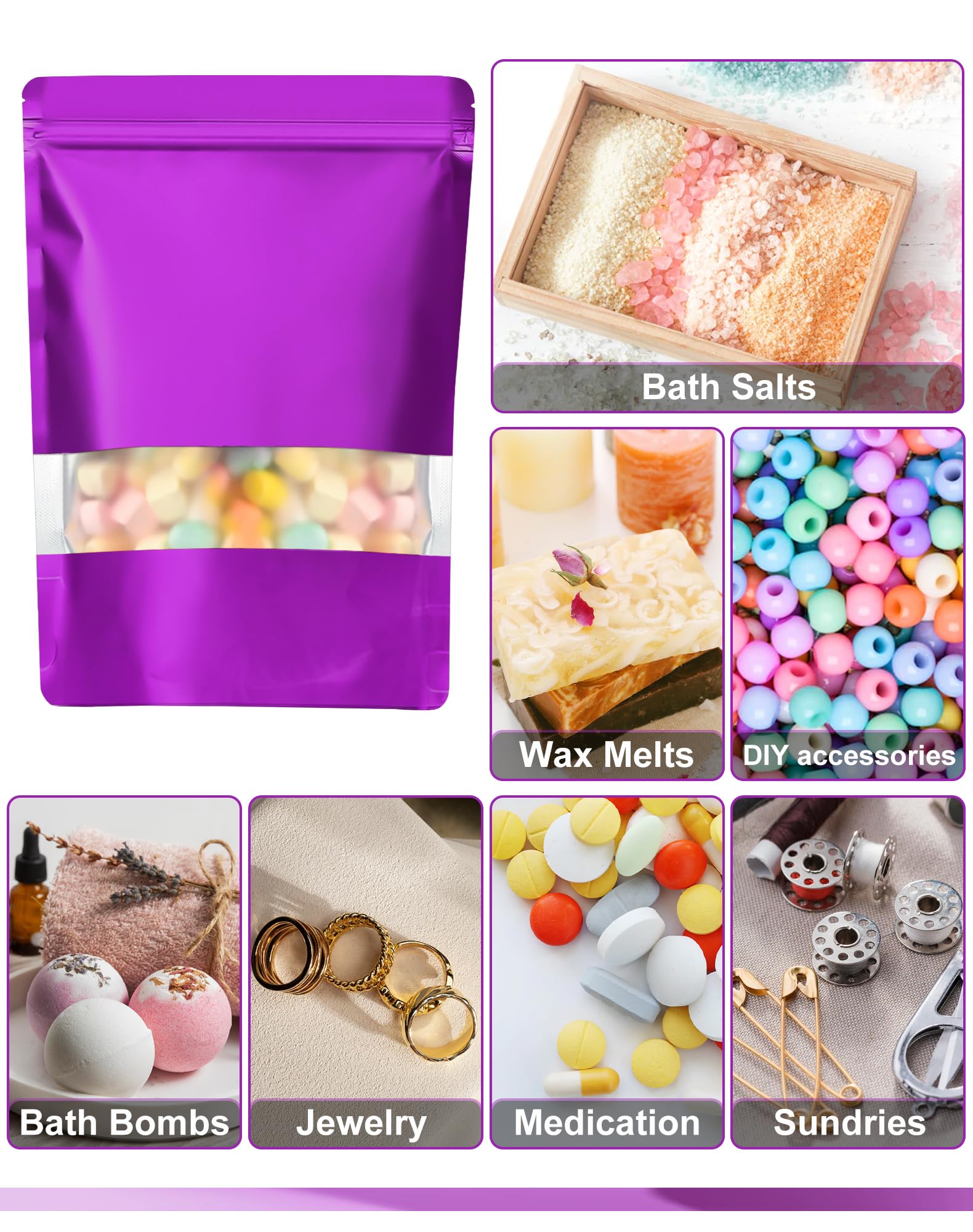 Paquete de 100 bolsas a prueba de olores, bolsas resellables con ventana mate, bolsa de aluminio con cierre de pie para embalaje (5.9 x 8.6 pulgadas, morado)