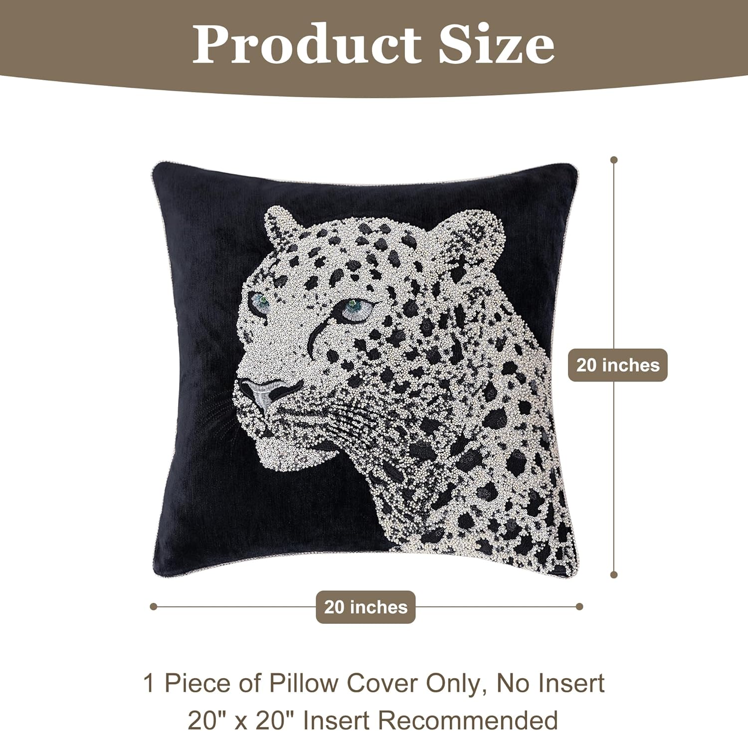 1-Piece Luxury Leoaprd Throw Pillow Covers 20x20 Inch, Black Chenille Embroidered Cushion Cover, Modern Animal Beaded Sparkling Square Decorative Pillowcase for Living Room Couch Sofa Bed