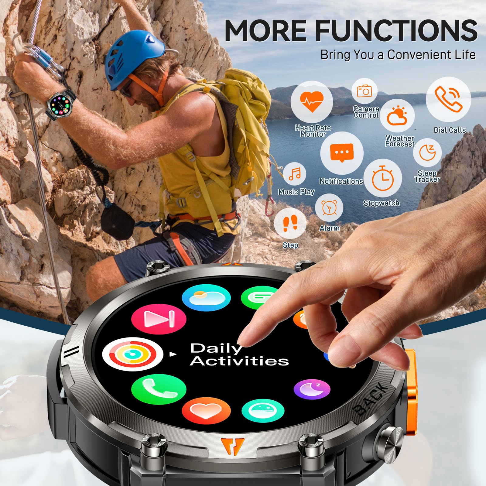 Foxhawk Smart Watch militare con localizzatore GPS, 1,44 pollici HD robusto Smart Watch con torcia a LED bussola, 3ATM impermeabile Smartwatch tattico per iOS Android, orologio fitness da uomo