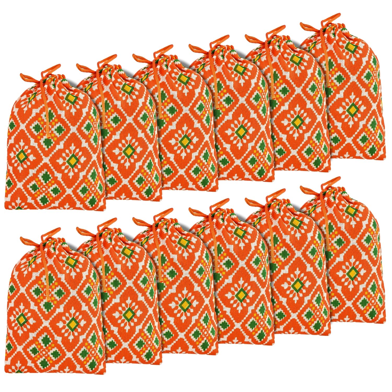 Kuber Industries Potli | Silk Wedding Potli | Drawstring Closure Potli | Wallet Potli | Christmas Gift Potli | Baby Shower Potli | Small-Patola-Print Potli | 5x7 Inch | Pack of 12 | Orange-picture-17