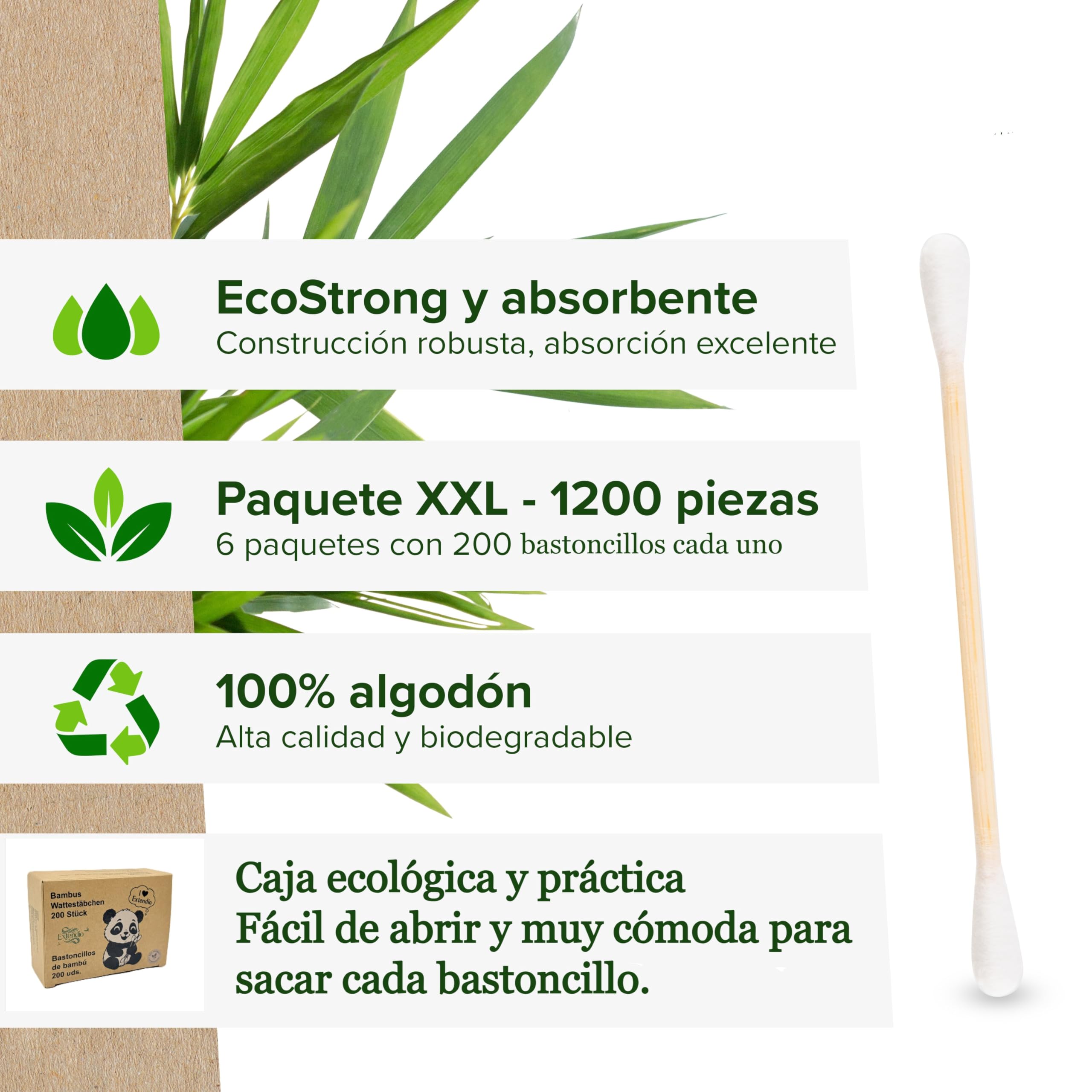 Bastoncillos oidos de bambú y algodón 6 x 200 uds (1200) | Biodegradables, sin plástico, ideales para maquillaje, bebés y limpieza diaria | Caja con apertura práctica e higiénica | Extendio