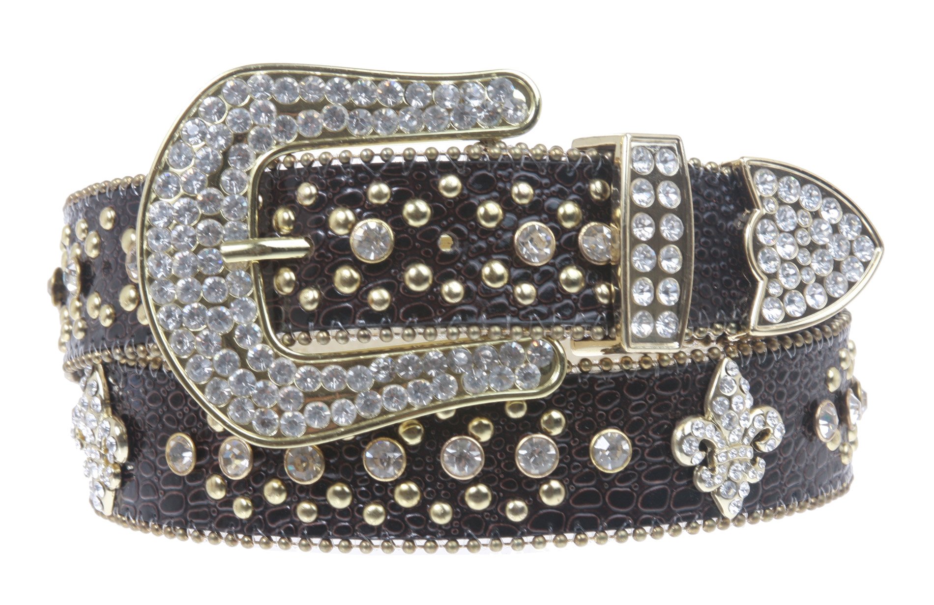 Snap On Western Cowgirl Alligator Rhinestone Fleur De Lis Studded Leather Belt Size: M/L - 35