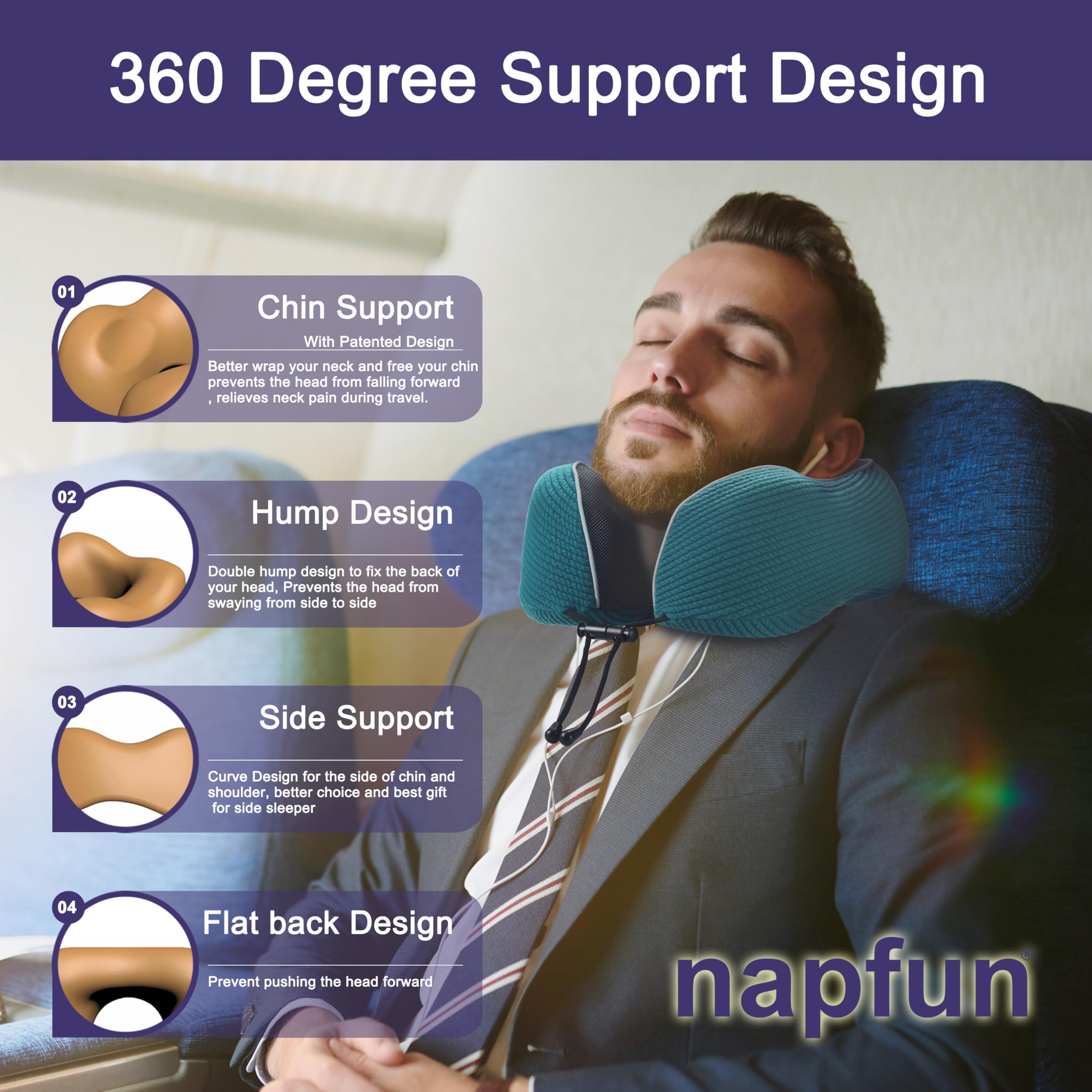 napfun Neck Pillow for Travel, Memory Foam Airplane Pillow, Teal view 3