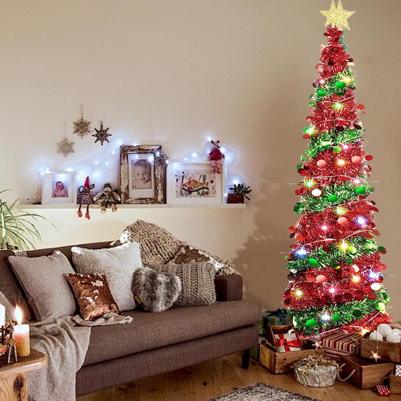 Albero di Natale Pieghevole Pop Up, Albero di Natale Artificiale a Paillettes 150cm con 50 Luci a LED, Alimentazione USB, Paillettes Scintillanti, Decorazione Natalizia per Interni ed Esterni, Casa