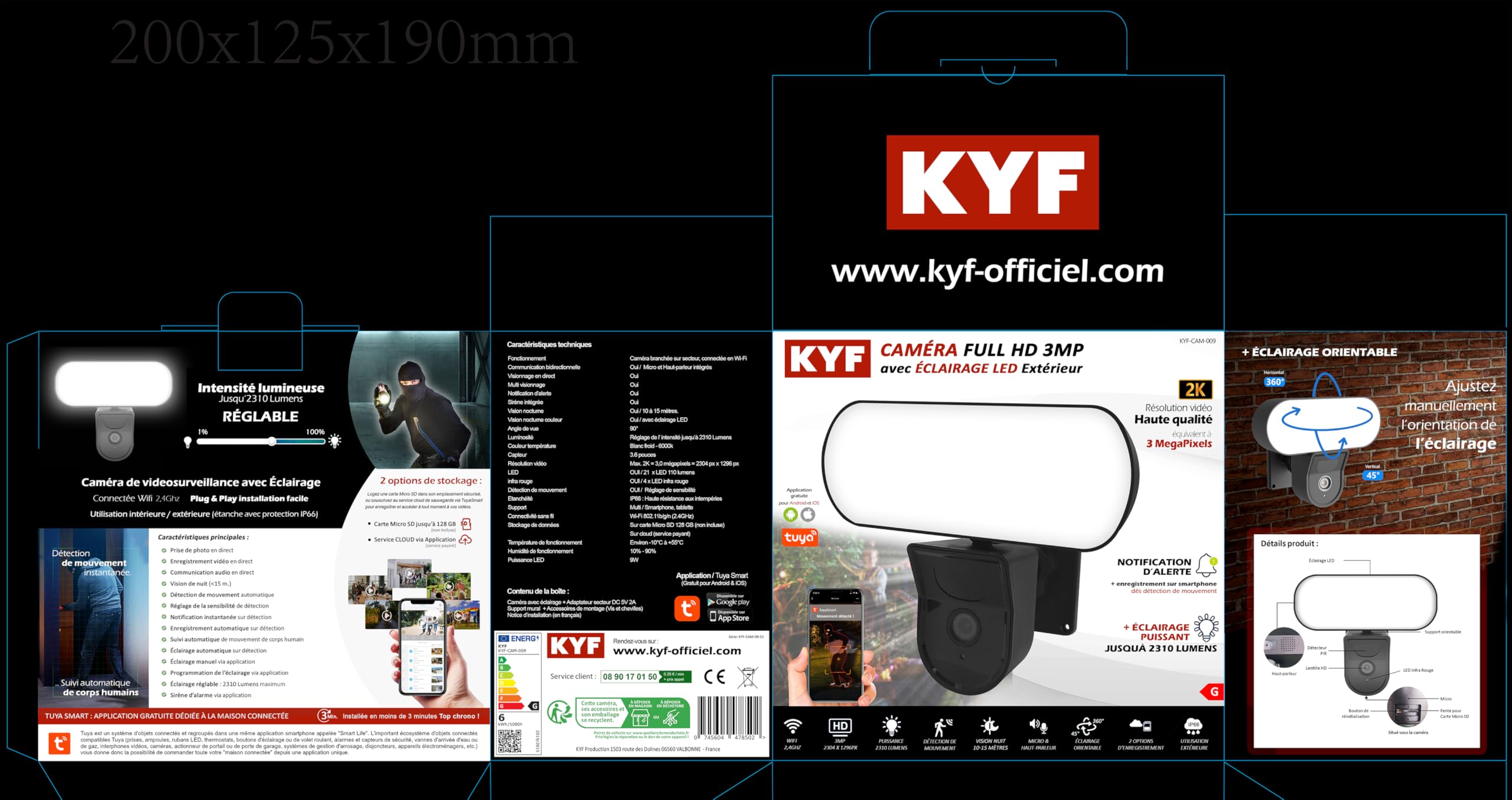 KYF - Caméra Intérieure/Extérieure Filaire Full HD 3MP Fonction éclairage LED 2310 Lumen
