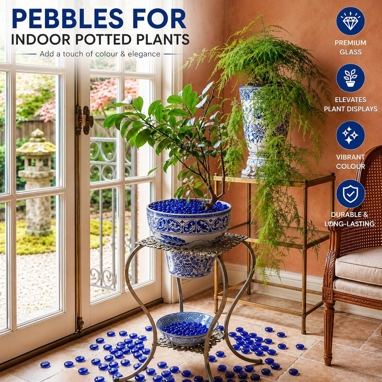 ARSUK 1LB de galets en verre plat bleu, perles pour vase de remplissage – Pierres précieuses en verre décoratives pour pierres de remplissage de vase, roches d’aquarium, loisirs créatifs, décoration