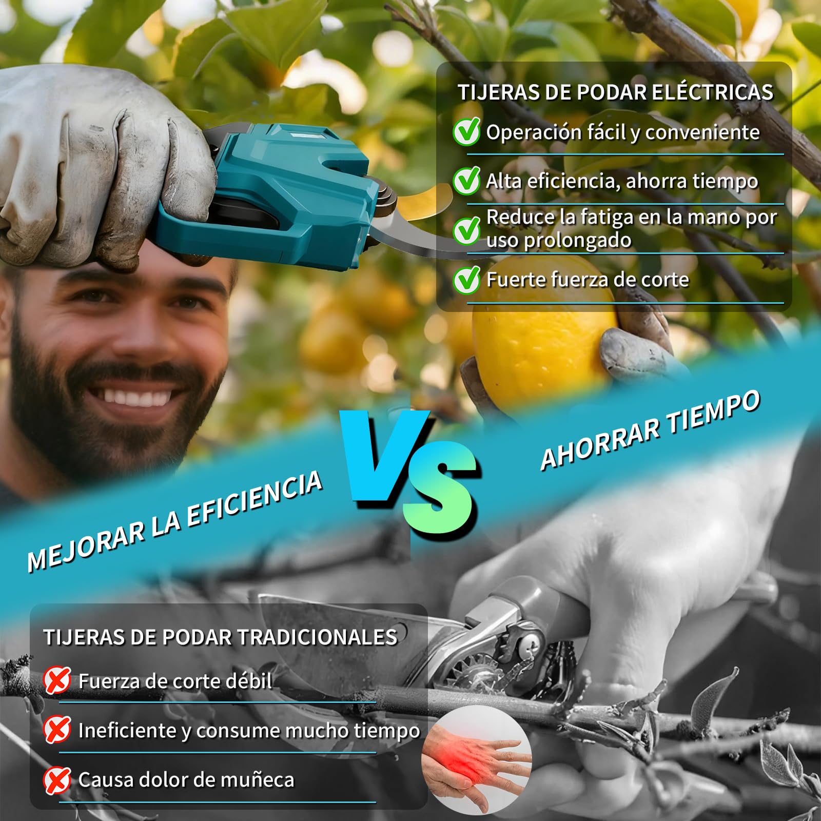 Tijeras de Podar Eléctricas.2baterías de litio 4000 mAh,Motor sin escobillas de 1000W,Ramas hasta 40mm,Cuchillas con Revestimiento de Titanio,Control Digital,Incluye Maletín y Accesorios