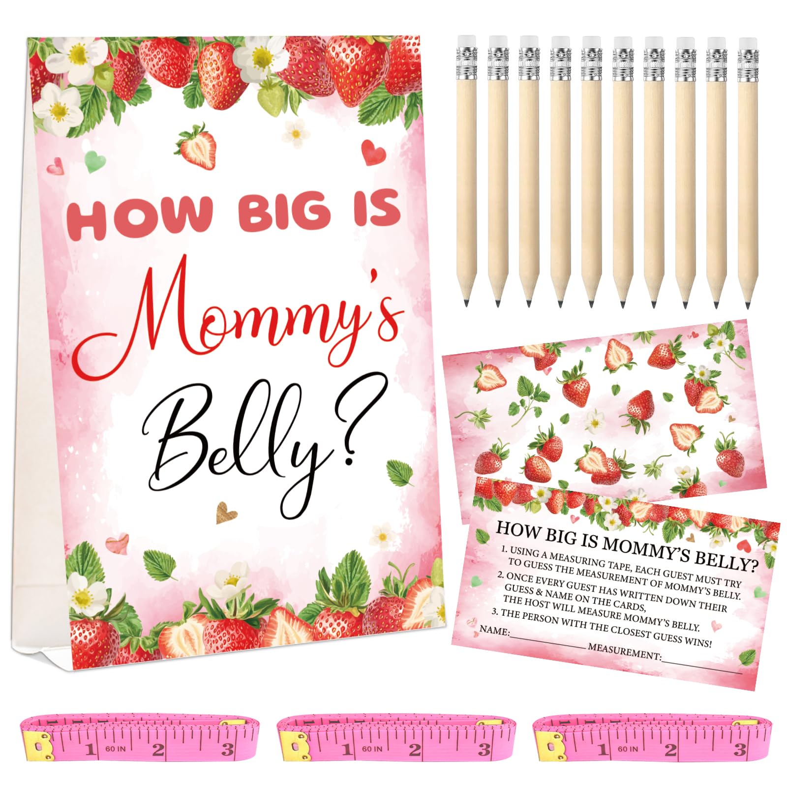 WNINK Guess Baby Shower Games Set – How Big is Mommy's Belly Sign, 64 Pcs Measure Bump Game with 50 Guessing Cards, 10 Pencils, and 3 Measuring Tapes for Baby Shower Gender Reveal Party (Strawberry)