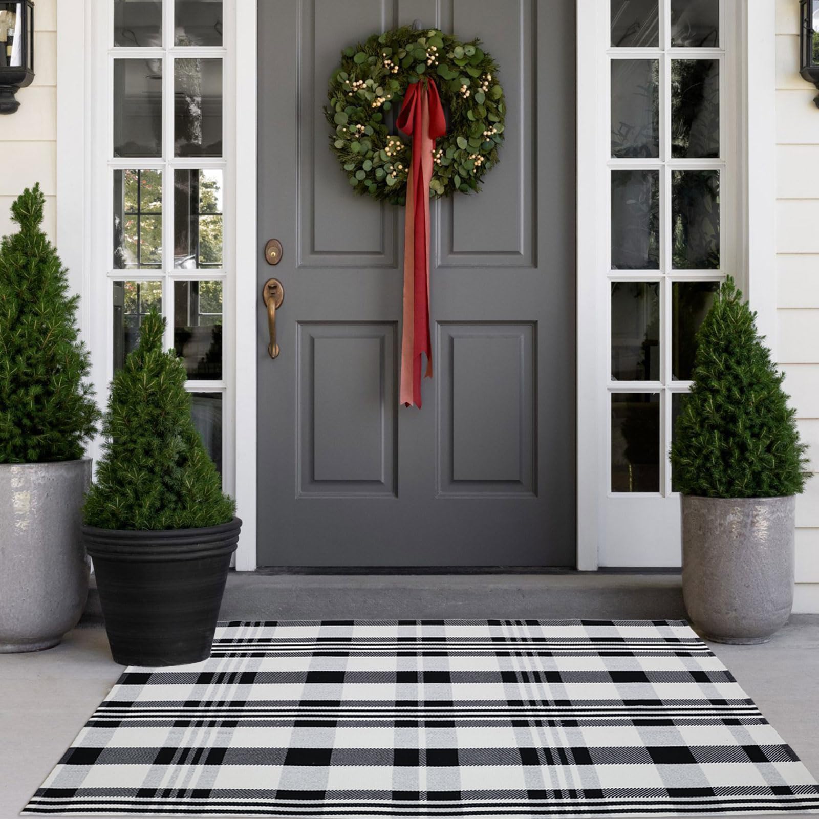 Fall Décor Plaid Rug, 3' x 5' Black&White Check Indoor/Outdoor Area Rug, Layering Rug for Hello/Welcome Door Mat, Machine Washable Cotton Woven Rugs