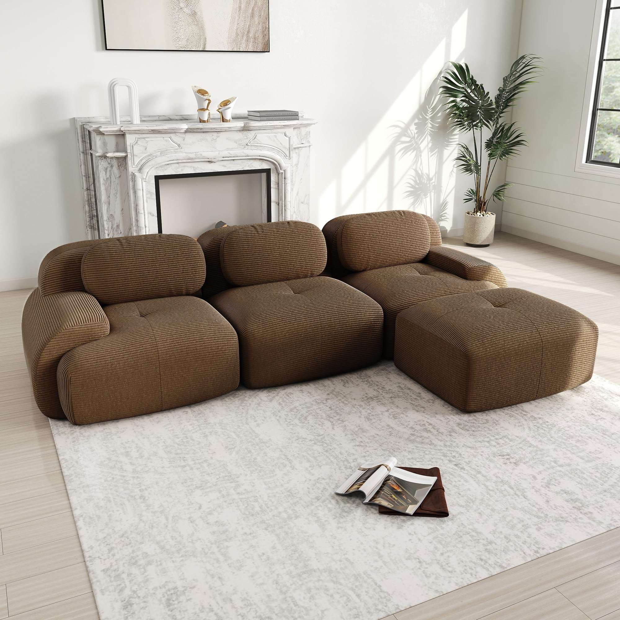 Sapgaks Canapé d'angle convertible, canapé de 2 à 4 places, canapé modulable compressible, peut être combiné librement avec accoudoirs et repose-pieds, velours (marron 3 places-L)