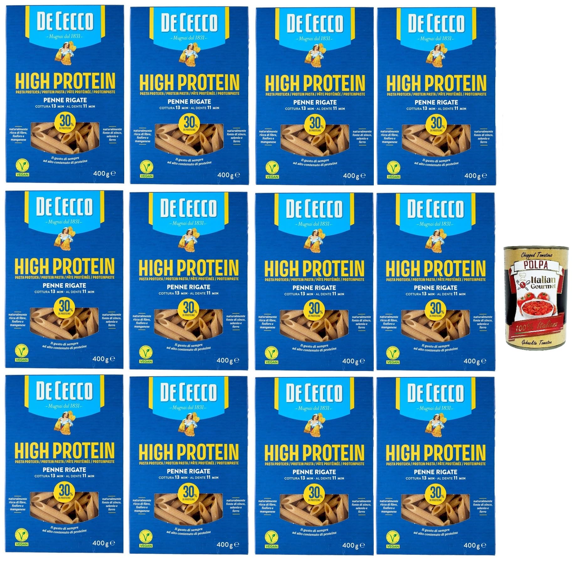 Italian Gourmet Pasta Penne Rigate Nr. 41 High Protein Nudeln 12 x 400g | Semola proteica selezionata, trafila ruvida; eiweißreich, al dente und, Gesamtnettogewicht 4,8 kg + Kostenlos Polpa 400g