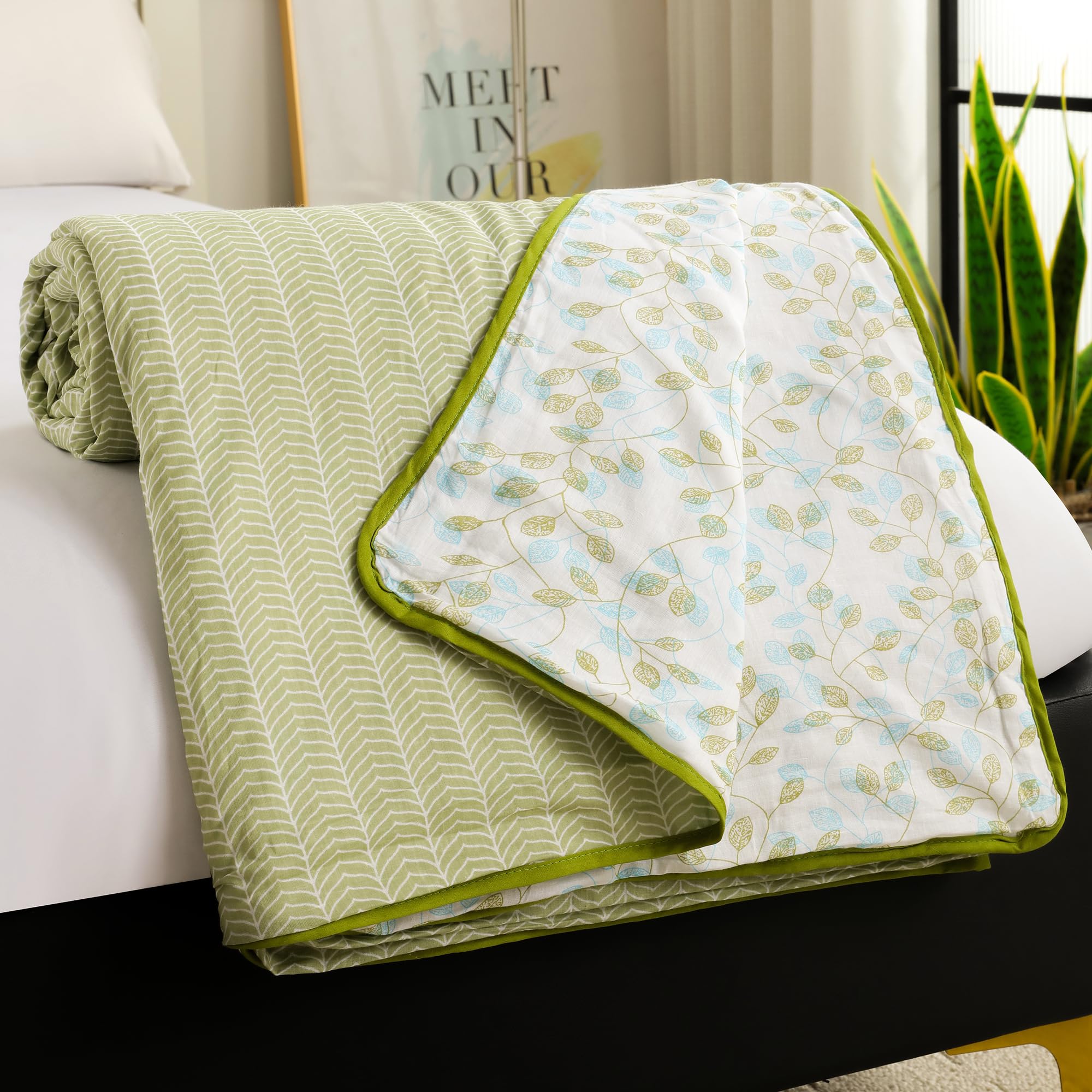 Story@Home Dohar Single Bed 100% Cotton AC Blanket for Summer|144x 220CM, 150GSM Ac Comforter and AC Blanket for Summer|Olive Green & White Leaf Pattern Duvet Reversible Quilt, All-Season Blanket