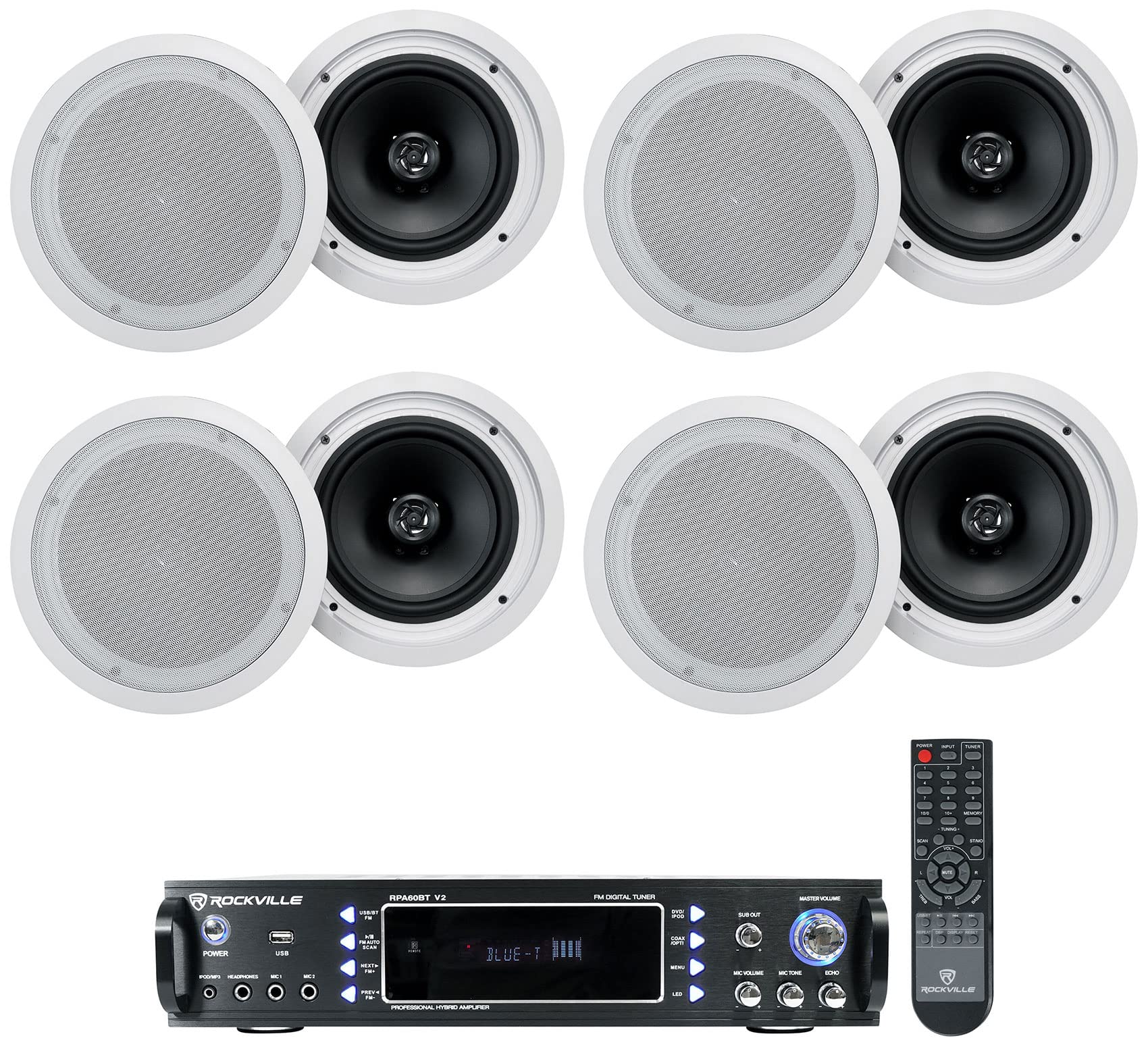 Rockville Bundle: (1) Rockville RPA60BT V2 1000 Watt 2-Ch USB Bluetooth DJ/Pro/Karaoke Amplifier Mixer Bundle with (8) Rockville HC85-16 White 8