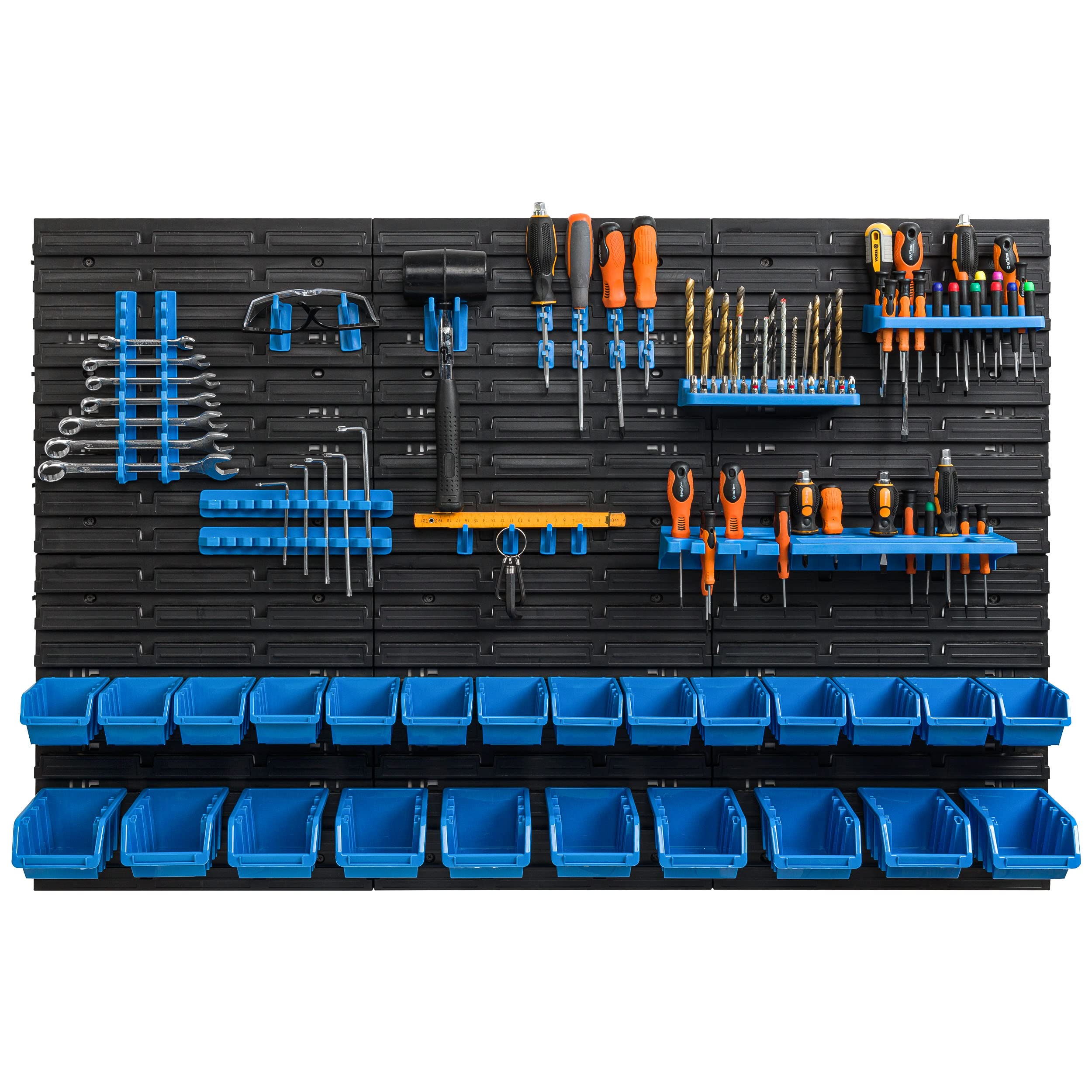 botle 24 scatole impilabili da parete blu, contenitori impilabili per scaffali da magazzino, in plastica, pannelli porta attrezzi da muro officina 117 x 78 cm, per officina, garage, magazzino