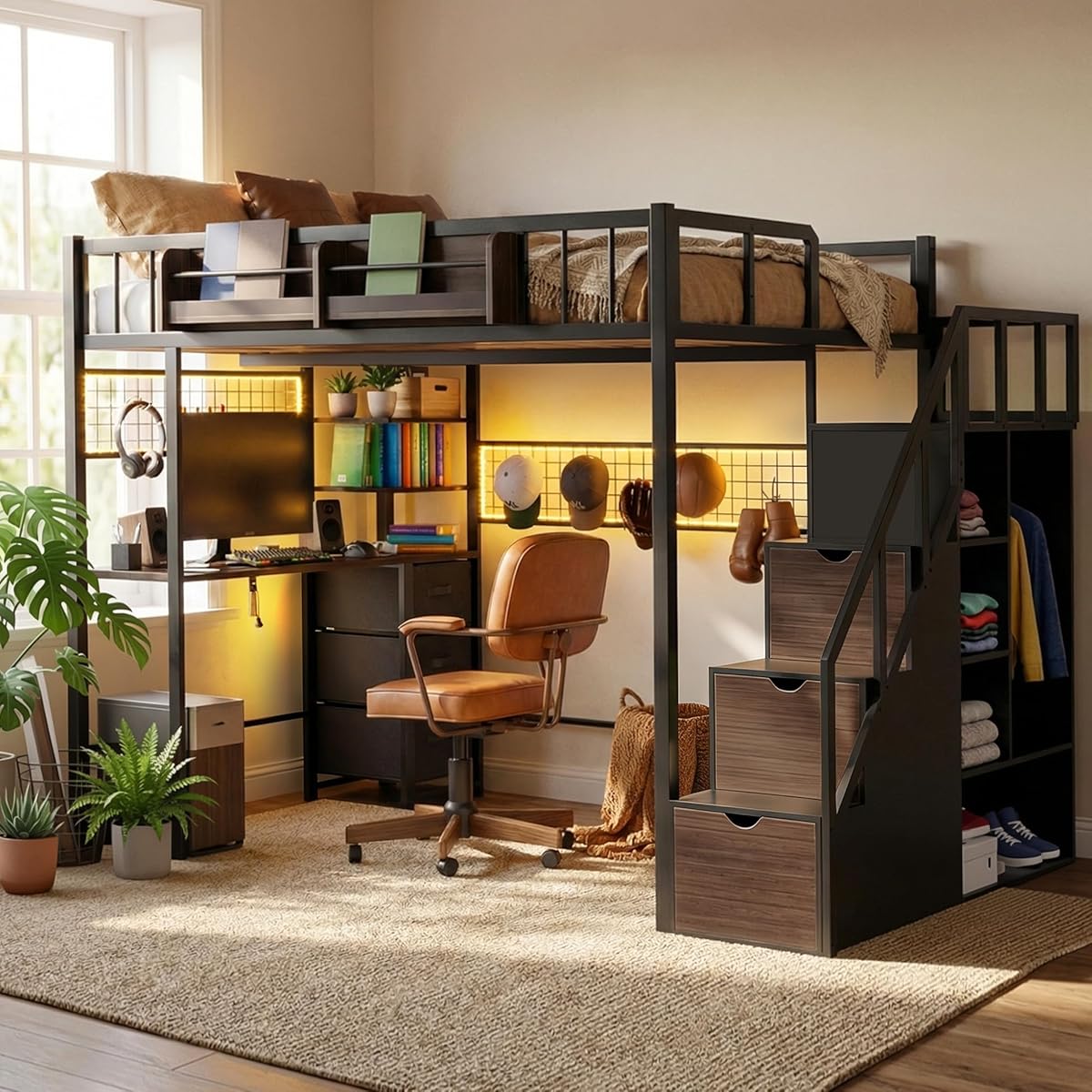 Full Size Loft Bed with Desk and Stairs, Headboard, Wardrobe, Bedside Storage Shelf, 6 Drawers, Charging Station & LED Light, Metal Gaming Loft Bed Frame for Adult Space-Saving, Black & Walnut