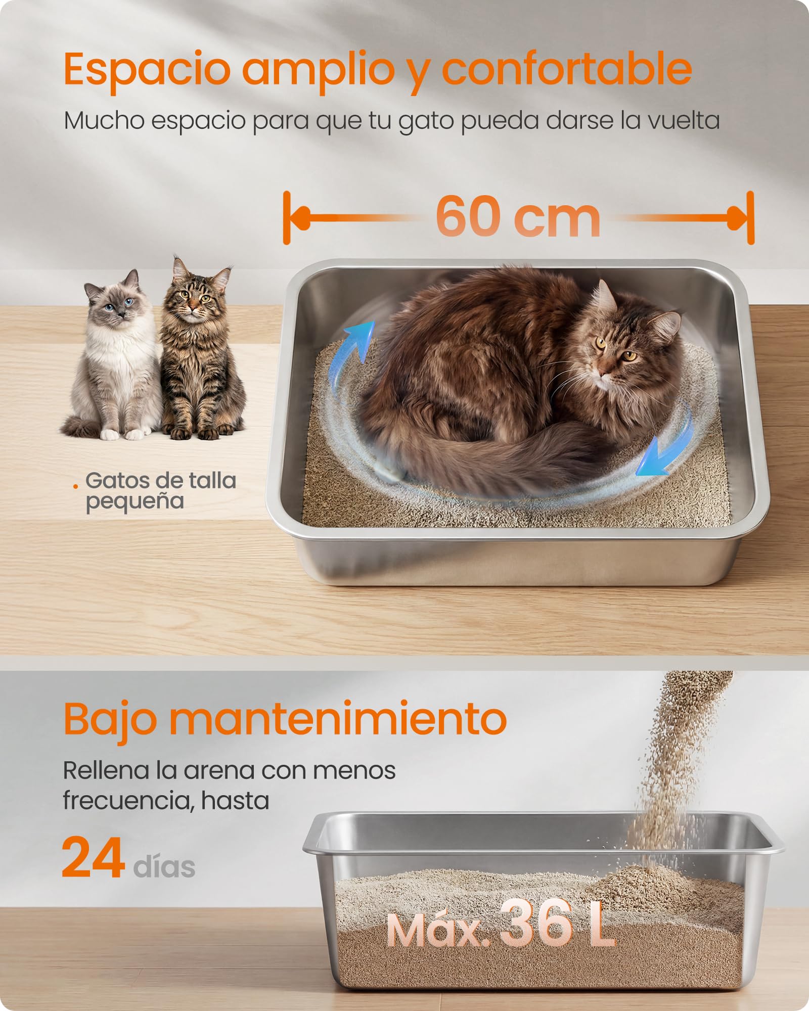 Feandrea Bandeja Sanitaria para Gatos de Acero Inoxidable, Arenero Abierto con Pala, 60 x 40 x 15 cm, para Gatos Grandes, Plateado PPT019E101