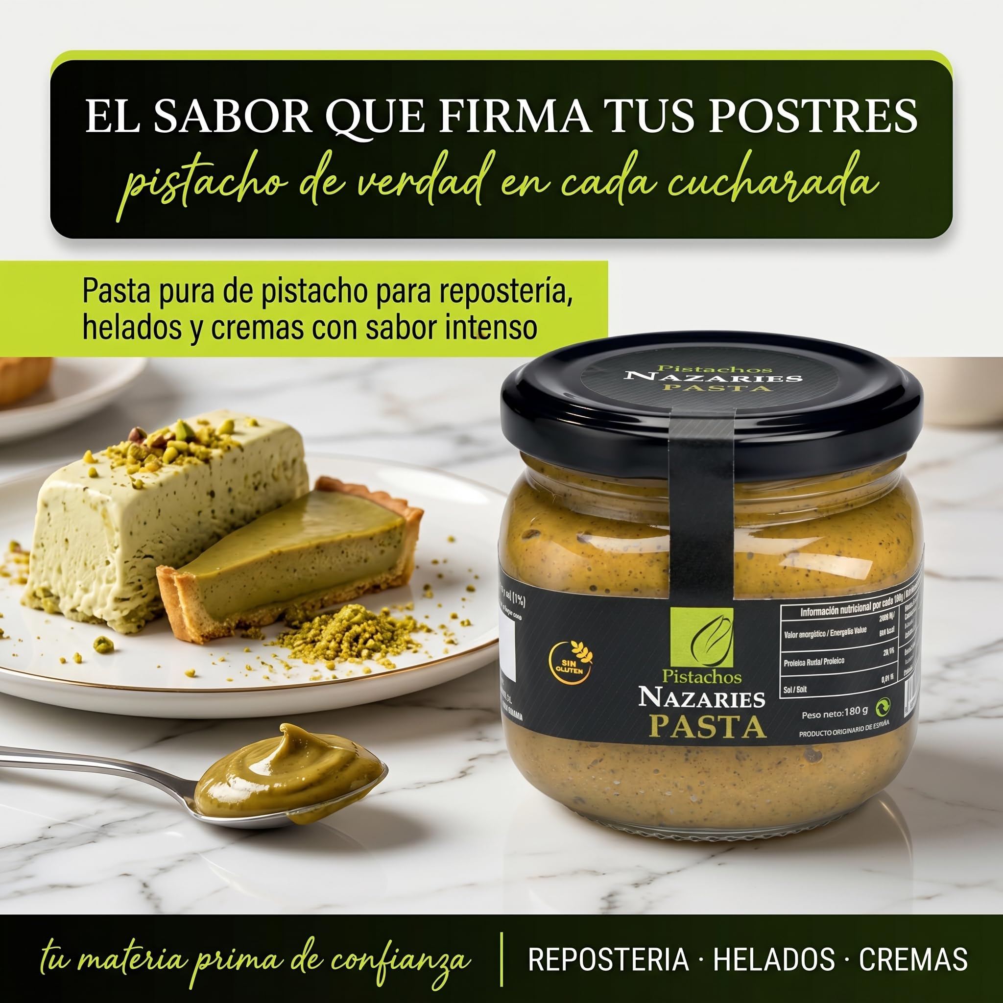 PISTACHOS NAZARIES Pasta de Pistacho 100% Puro Natural 2x180 g Mantequilla Pistacho Para Reposteria Helados Postres y Salsas Sin Azucares ni Aditivos Cultivo Propio Andalucia Español Sin Gluten Vegano