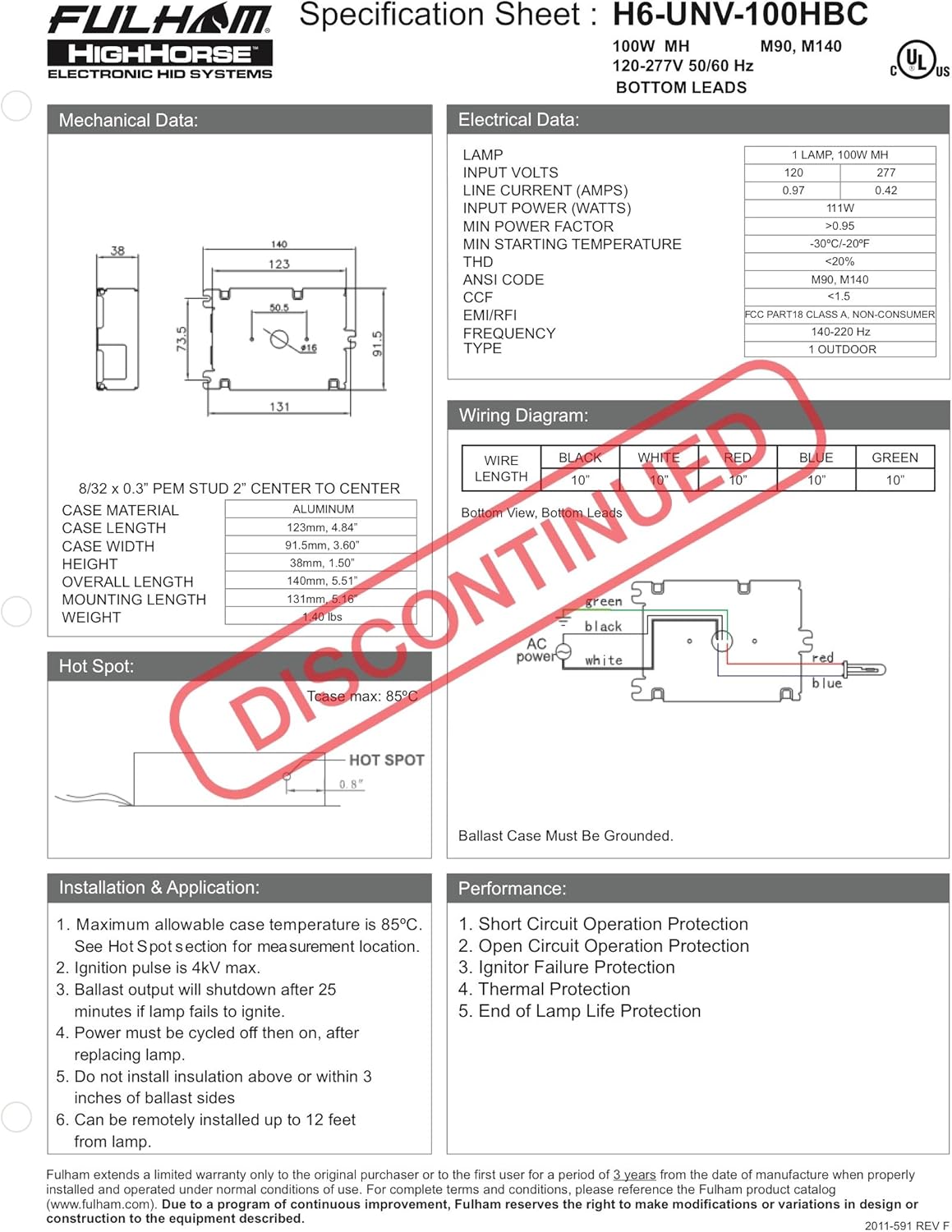 Fulham Electronic HID Ballast, H6-UNV-100HBC