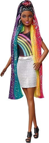 Miniatura 13 de Barbie Muñeca Rainbow Sparkle Hair con cabello castaño extra largo de 7.5 pulgadas con un arco iris oculto de cinco colores, gel brillante y peine y