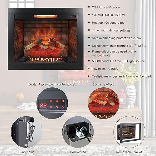 Miniatura 3 de CZBZ 33-inch Infrared Electric Fireplace Insert with Removable Trim Kit, Touch Panel Control, Adjustable Flame & Crackling Sound for Wall-Mount or