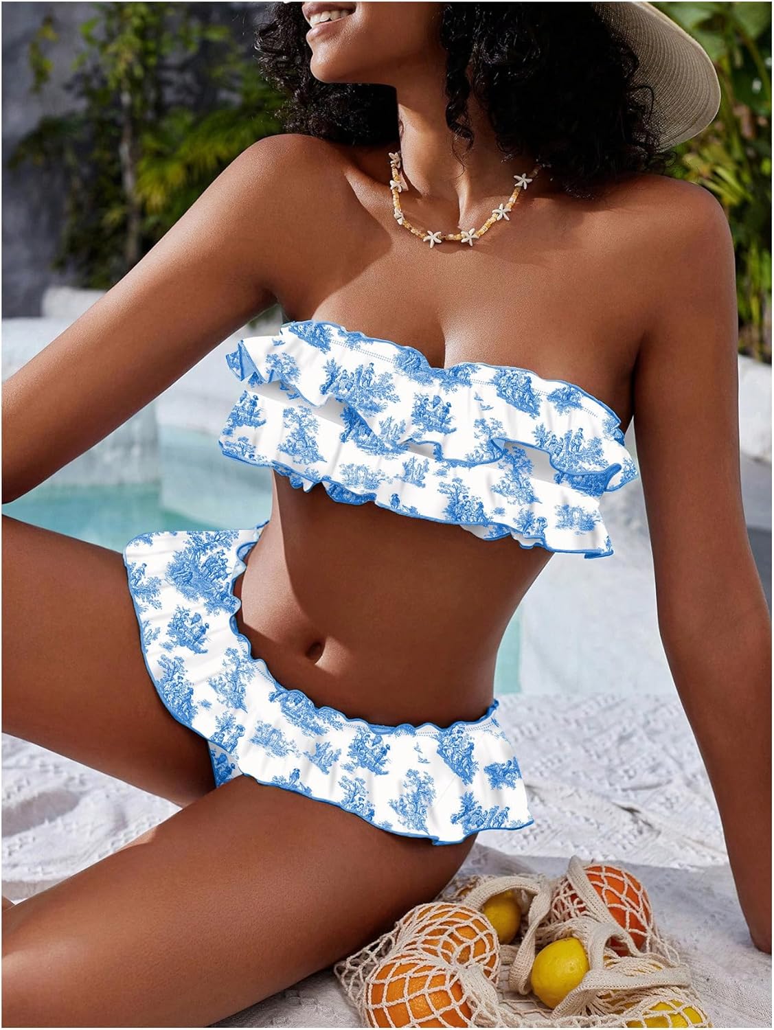 WDIRARA Women's Floral Bikini Set 2 Piece Bandeau Layered Ruffle Swimsuit Strapless Bathing Suit - Image 2