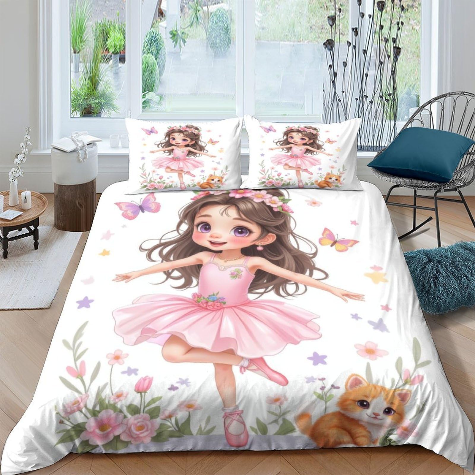 GPLZQXKJNH 3D Printed Ballerina Girl Duvet Cover Set Microfiber Soft Pink Cartoon Cat Bedding Set with 2 Pillowcases for Bedroom Decor Single（135x200cm）