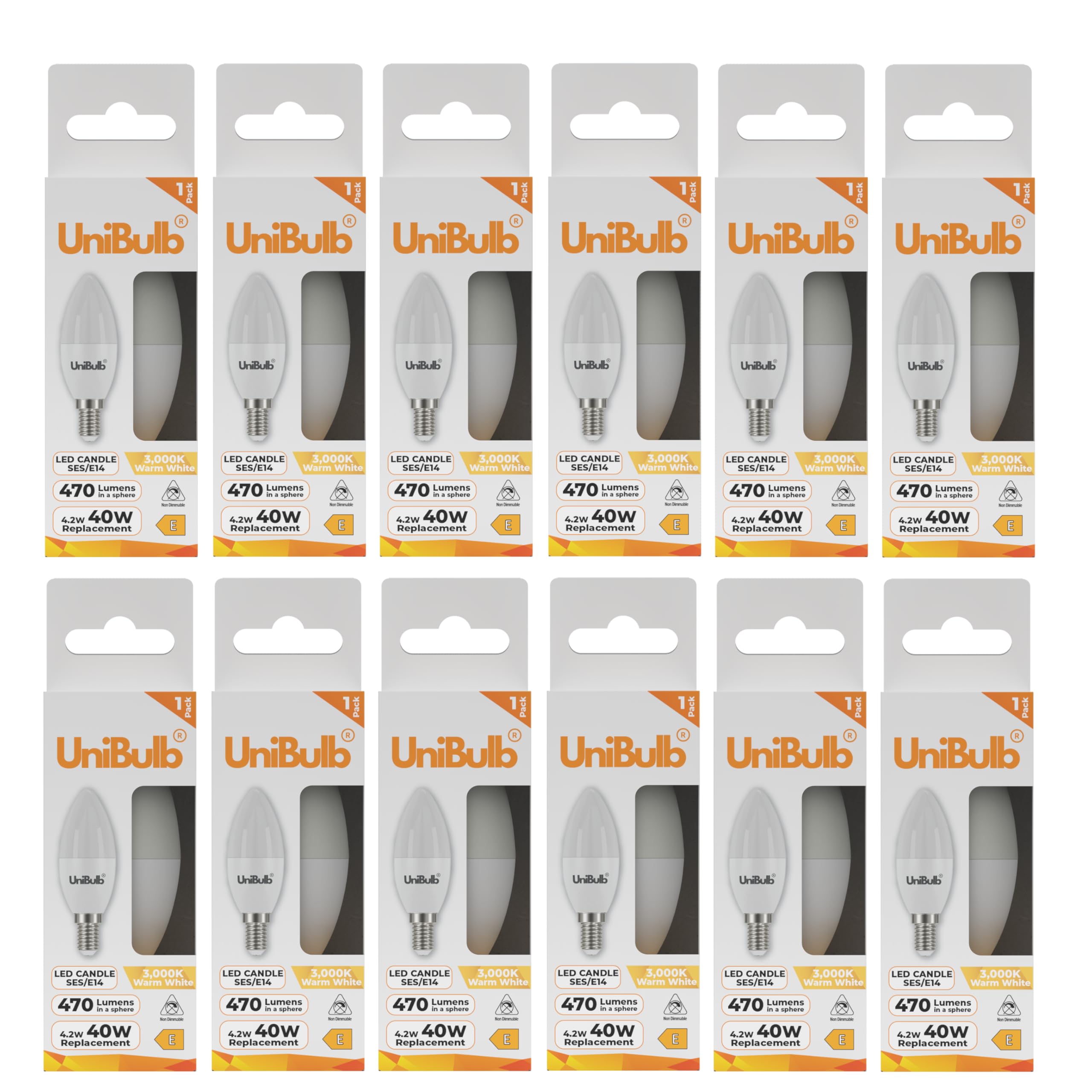 Unibulb E14 SES LED Candle Bulbs, 470 Lumens, Warm White 2700K, 4.2W, Replaces 40W, 25yr Lifespan (12)