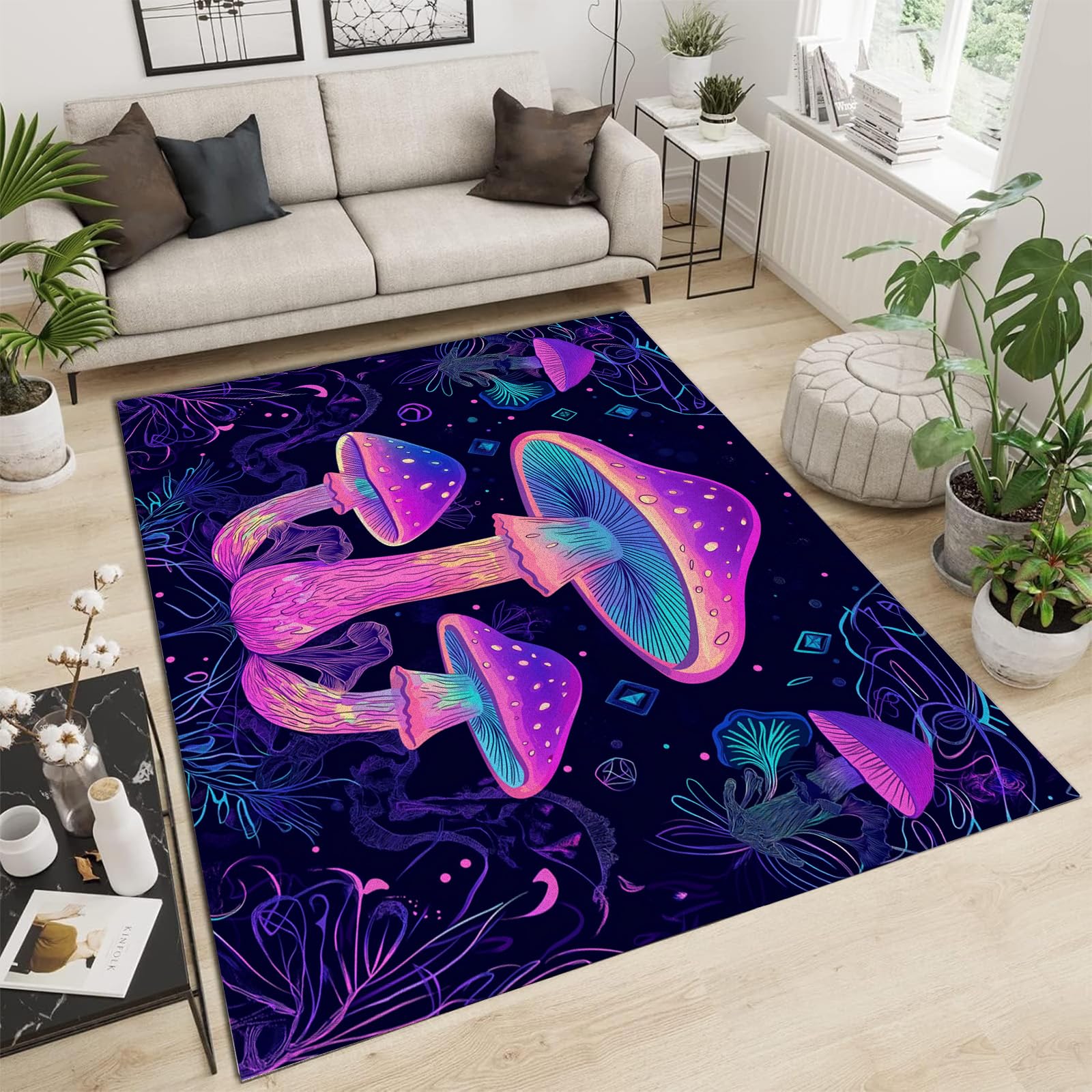 Tapis de salon lavable fini les taches avec ce tapis moderne antidérapant champignons