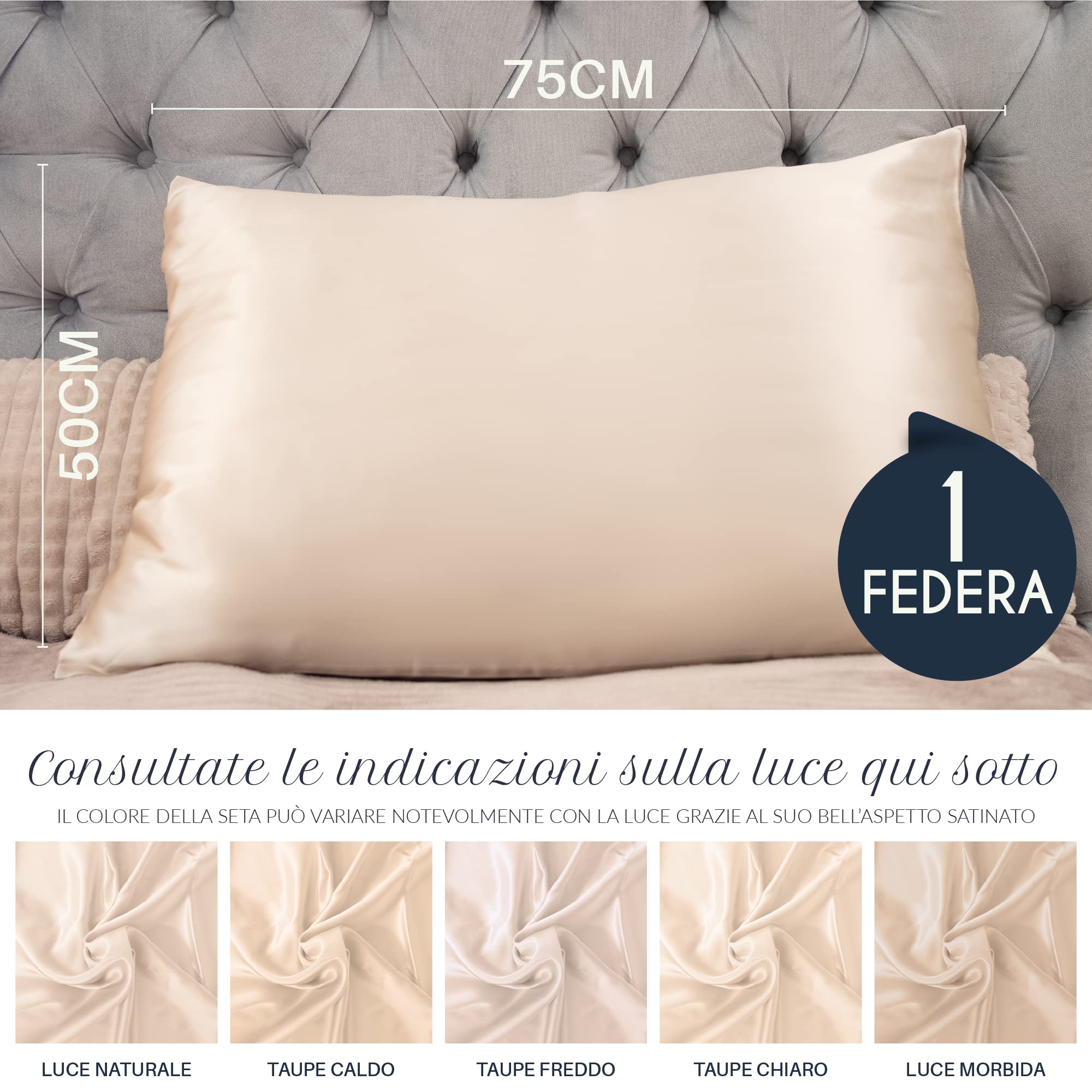 Federa Seta Cuscino 50x75 Dreamzie - 100% Seta Naturale di Gelso 19 Momme - Federe Seta Antiacaro e Ipoallergenico - Taupe