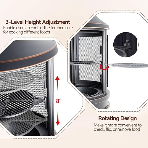 Miniatura 3 de Fogata de metal para exteriores para quemar leña, chimenea de 24 pulgadas con bandeja de parrilla ajustable, puerta mosquitera y póquer de fuego,