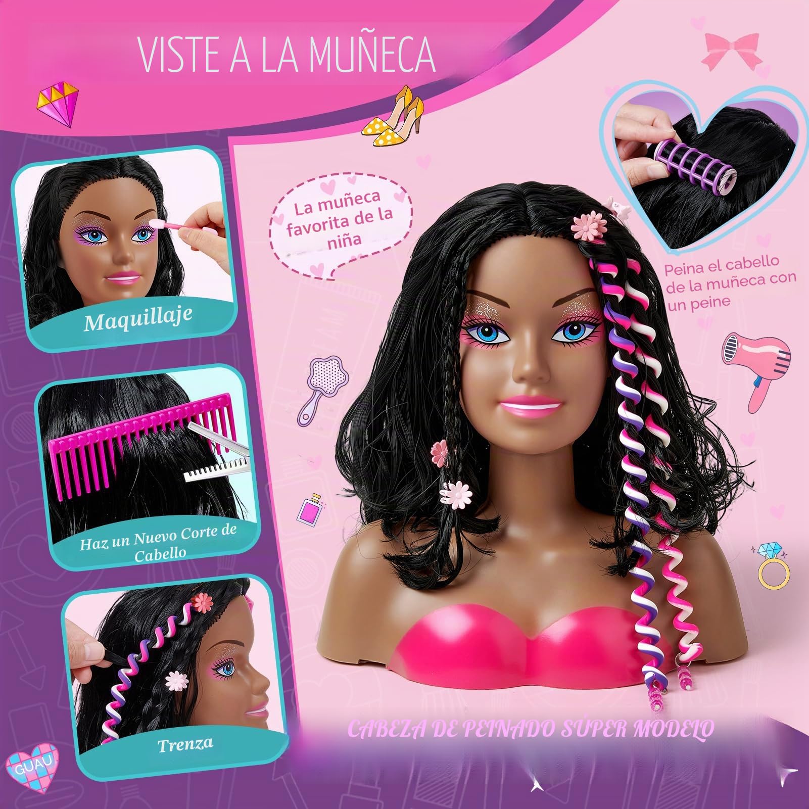 Tacobear Cabeza Muñeca para Peinar y Maquillar con Secador de Pelo Plancha Maquillaje Esmalte de Uñas Accesorios para Pelo Set Peluquería Busto Muñeca Juguete Niña Regalo 3 4 5 6 7 8 Años