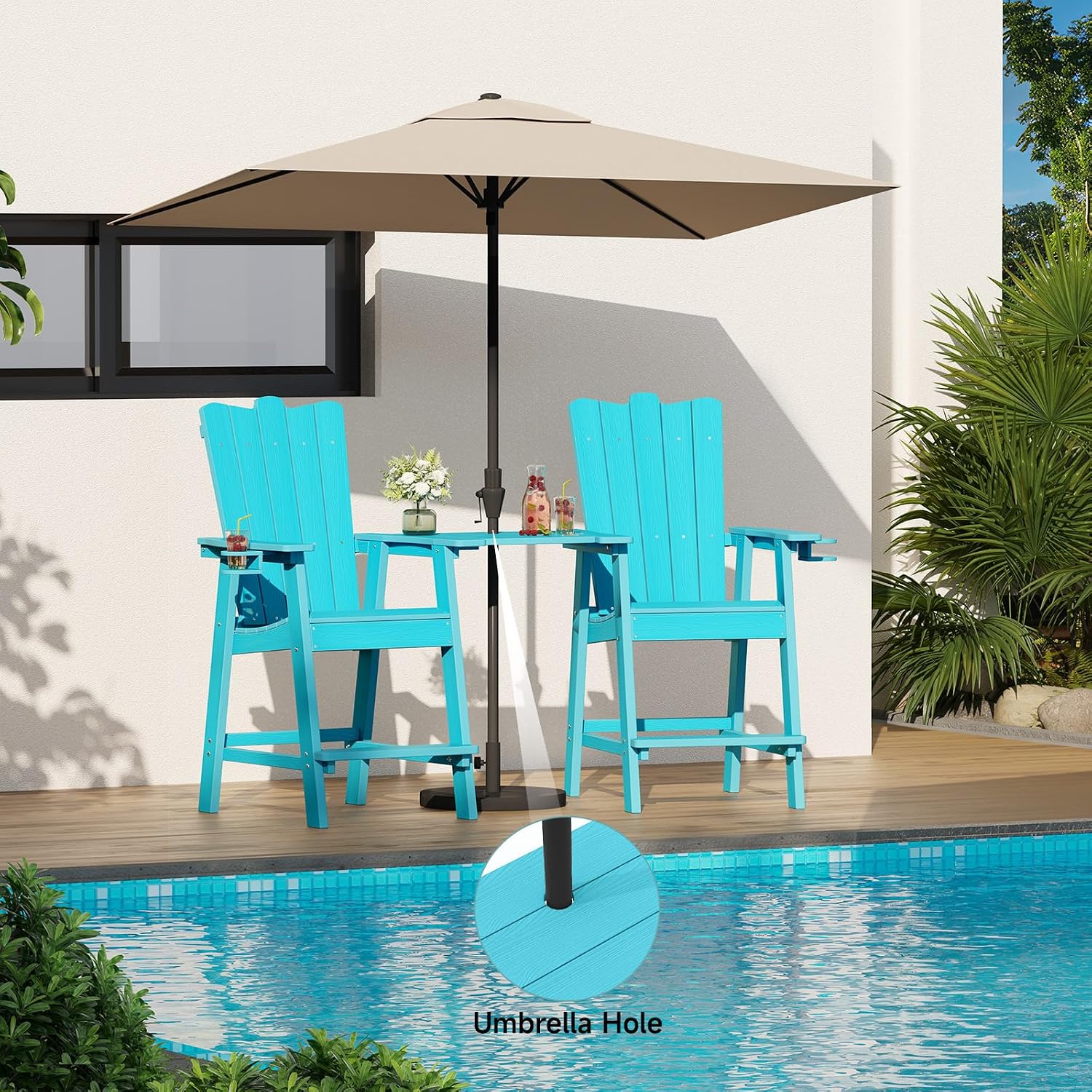 ONBRILL Tall Adirondack Chairs Set of 2, HDPS Patio Adirondack Chairs, Tall Balcony Chair with Connecting Tray, Bar Height Chairs with CupHolder and Umbrella Hole, No Fade, No Break