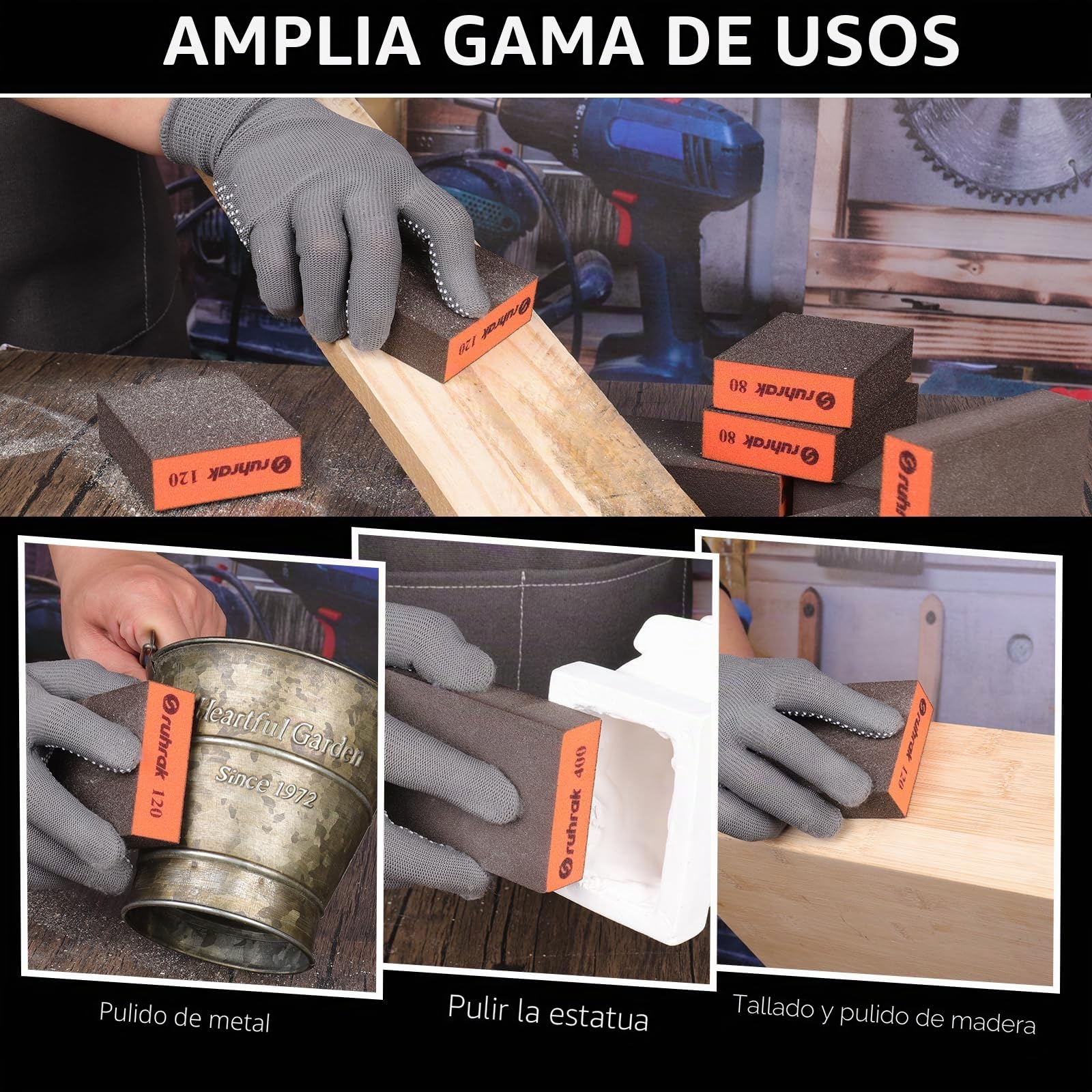 Bloque de Lijado 6 Piezas, Esponjas de Lijado Duras, Grano 1x 80/100/120/180/320/400, Almohadillas de Lijado Reutilizables en Seco y Húmedo para Madera, Plástico, Paneles de Yeso