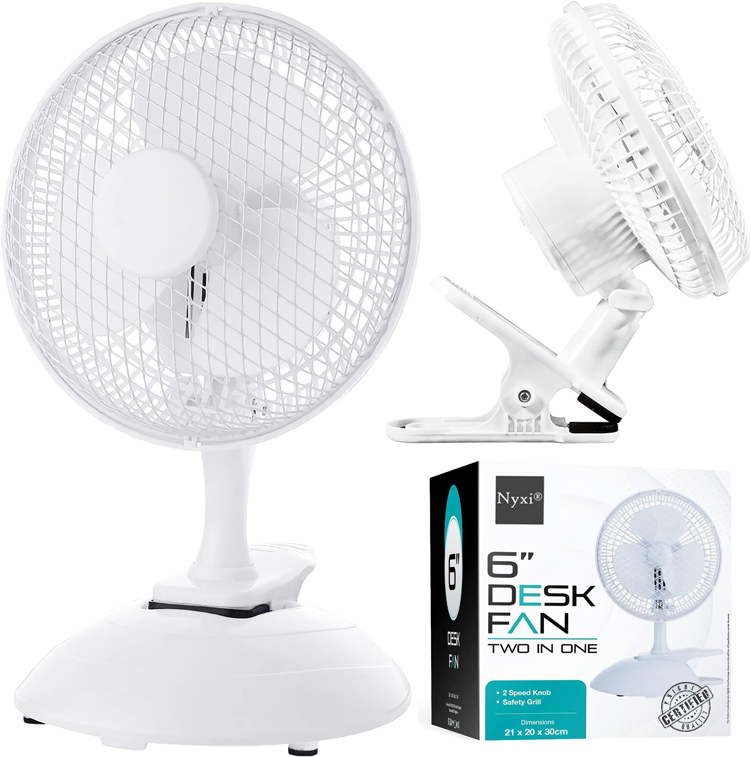 Nyxi 6" Fan Clip On Desk (2 IN 1), 2 Speed Setting, 360 degree Adjustable Angle Head, Electric Powered, Portable, Quiet Operation, Ideal for Home, Office or Travel