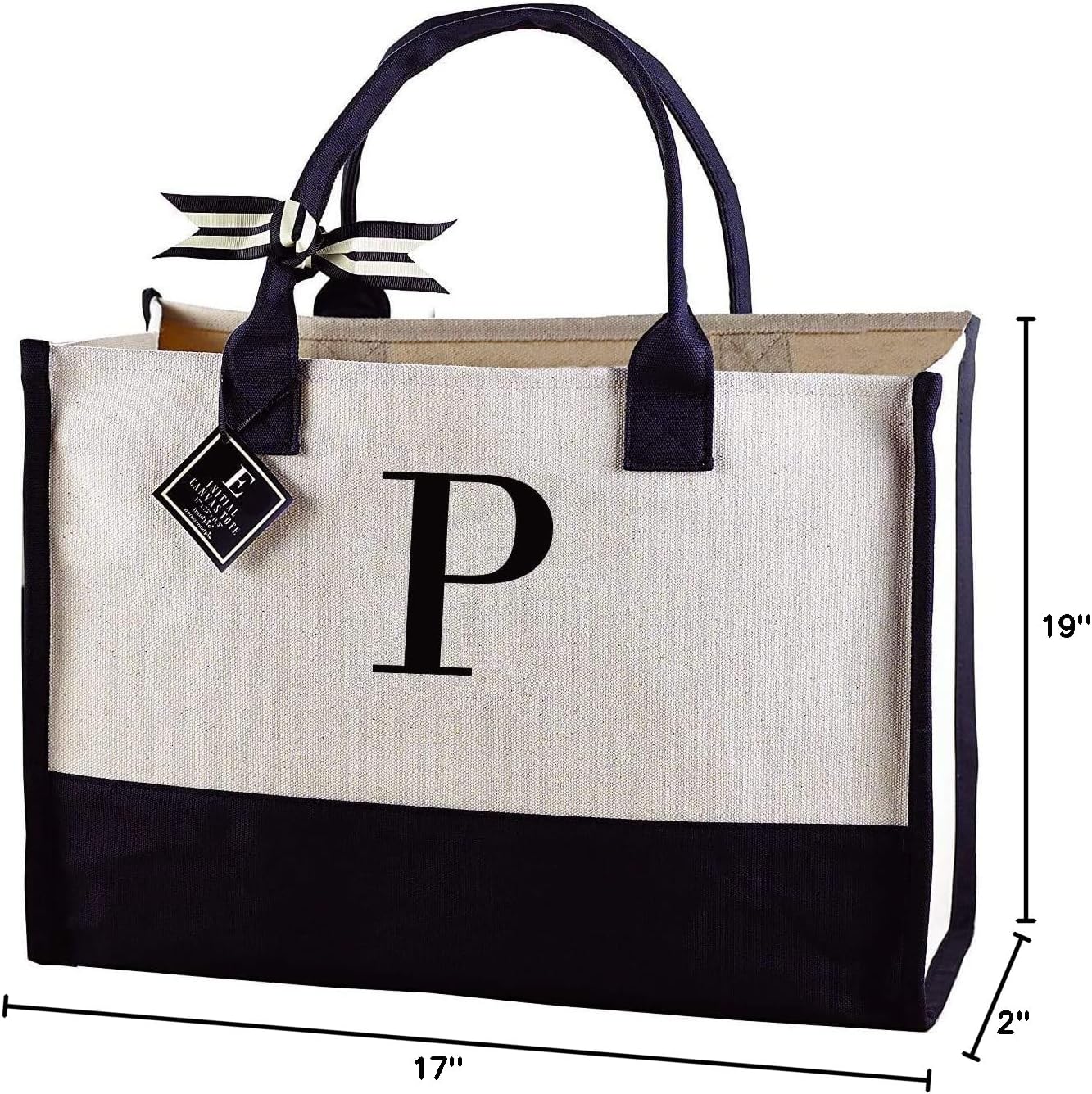 Mud Pie Classic Black and White Initial Canvas Tote Bags (P), 100% Cotton, 17" x 19" x 2"