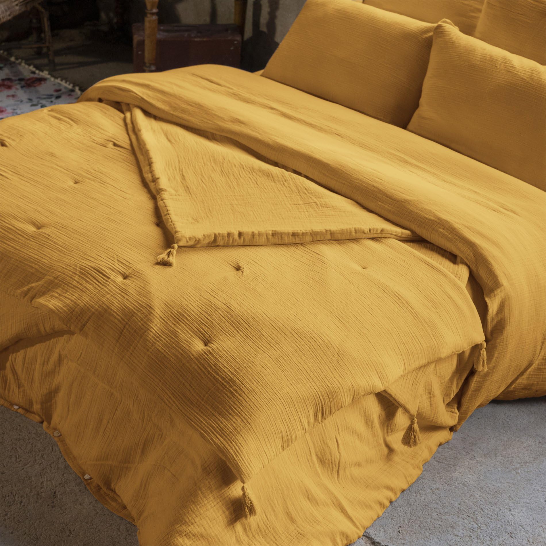 Edredon Dessus de lit L’Effet Papillon 90x200 cm – Copriletto 100% Gaze di Cotone con Finitura a Nappe [ Dessus de Lits et Couvre-Lits ] (Giallo Zafferano)