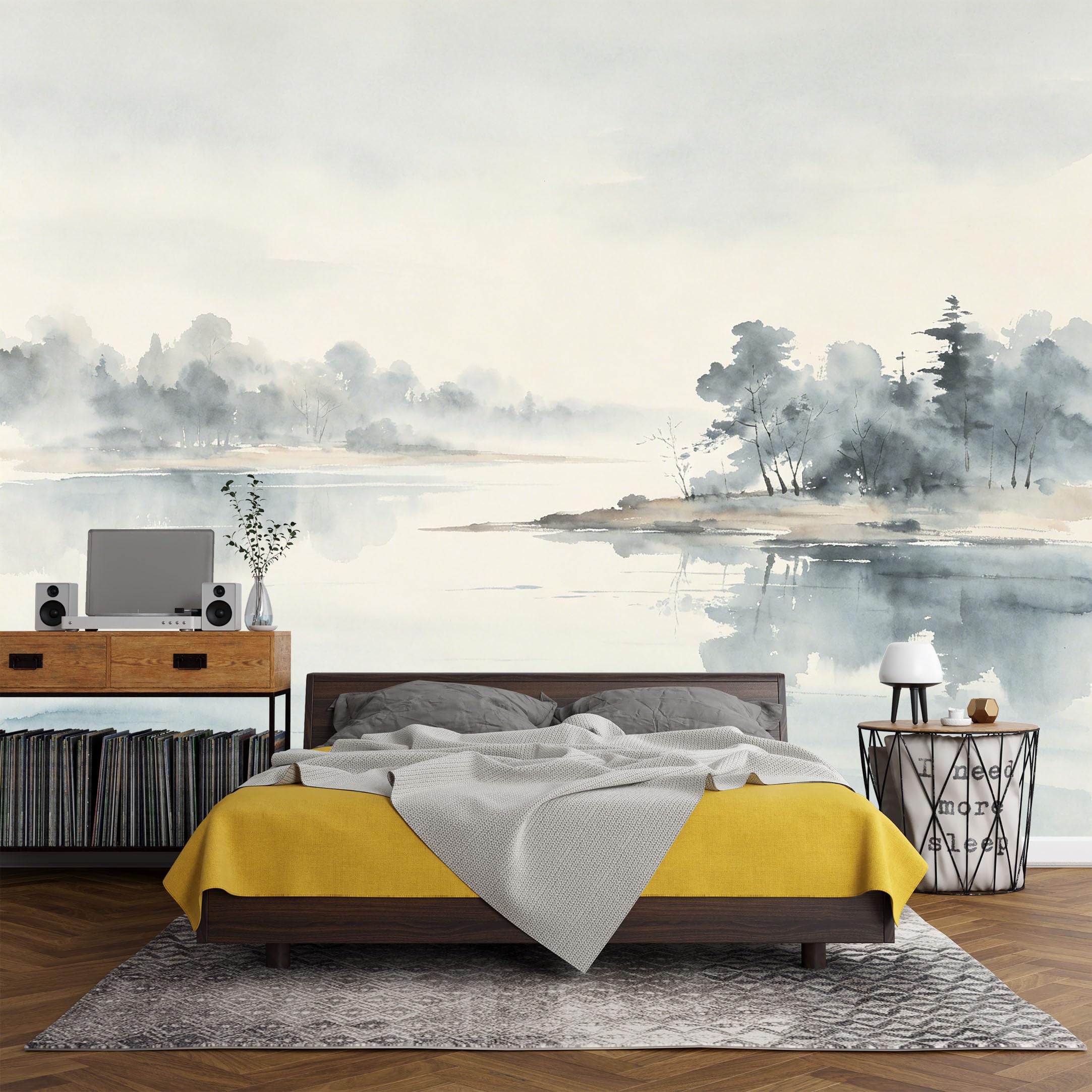 Custom Size Wall Mural， Watercolor Misty Forest Lake Landscape Serenity Nature Scene，SelfAdhesive Art Prints wall Fabric (No PVC) Removable Wallpaper Living Room Decor