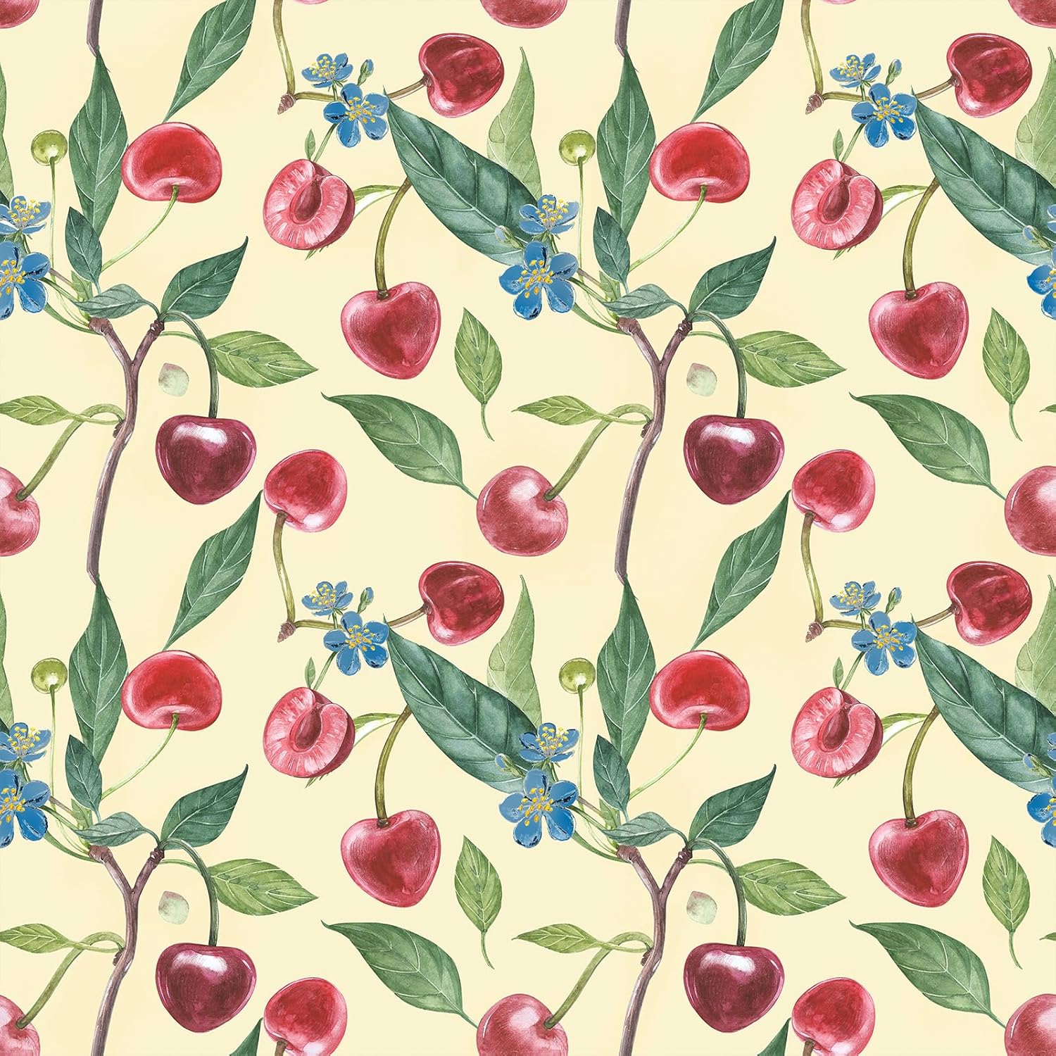 VEELIKE Cream Cherry Branches Wallpaper Peel and Stick Vintage Fruit Floral Wallpaper for Nursery Kitchen Bedroom 17.7''x354'' Self Adhesive Fruit Contact Paper for Cabinets Drawers Walls Removable