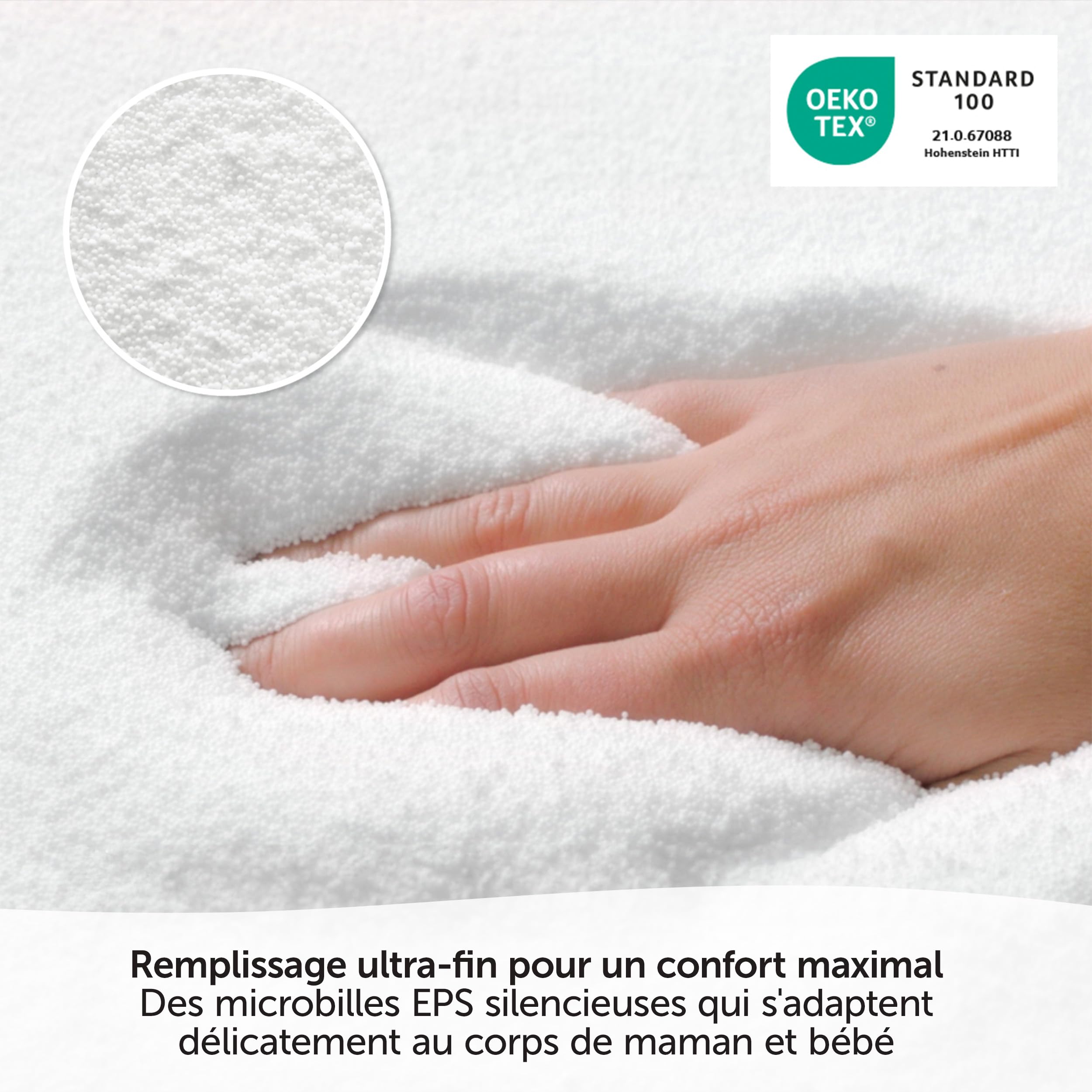Theraline Coussin d'allaitement et Grossesse 190 cm – Microbilles silencieuses, Housse Amovible 100% Coton sans substances nocives – Leaves, Gris
