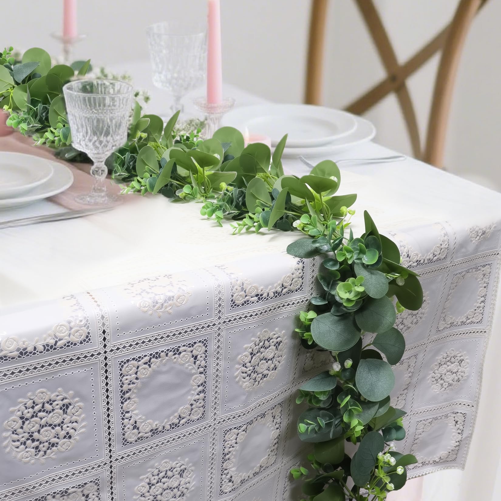 Artificial Eucalyptus Garland, 5.9FT Long Fake Mixed Leaves Vine, Faux Spring Greenery Garland for Farmhouse Table Home Wedding Party Decor Set of 1(Green) — image 1