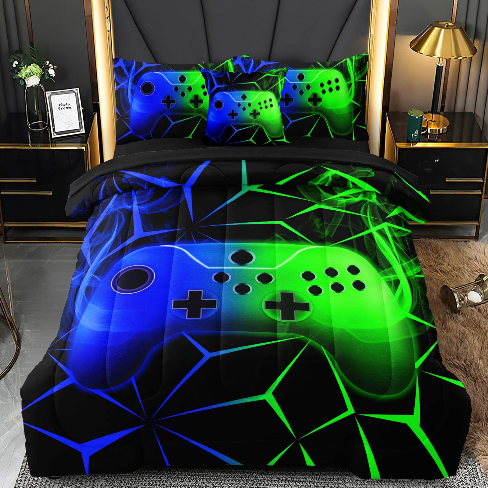 BERTSUCA 4 Pcs Gamer Twin Bedding Set for Boys, Green-Blue Gaming Twin Size Boys Comforter Set for Kids