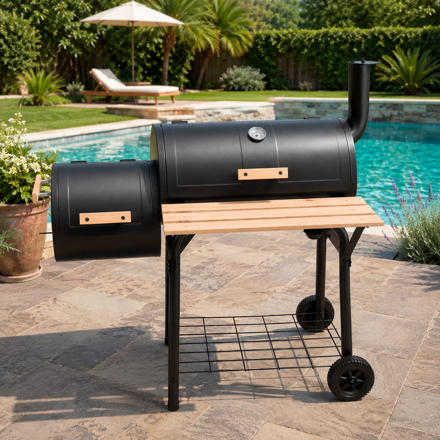 Barbecue A Carbone Con Affumicatore Laterale BBQ Con Termometro Integrato Griglie Cromate Ripiano E Maniglie Griglia In Legno Ruote Per Giardino E Terrazzo 109.5 X 59 X 116 Cm Nero