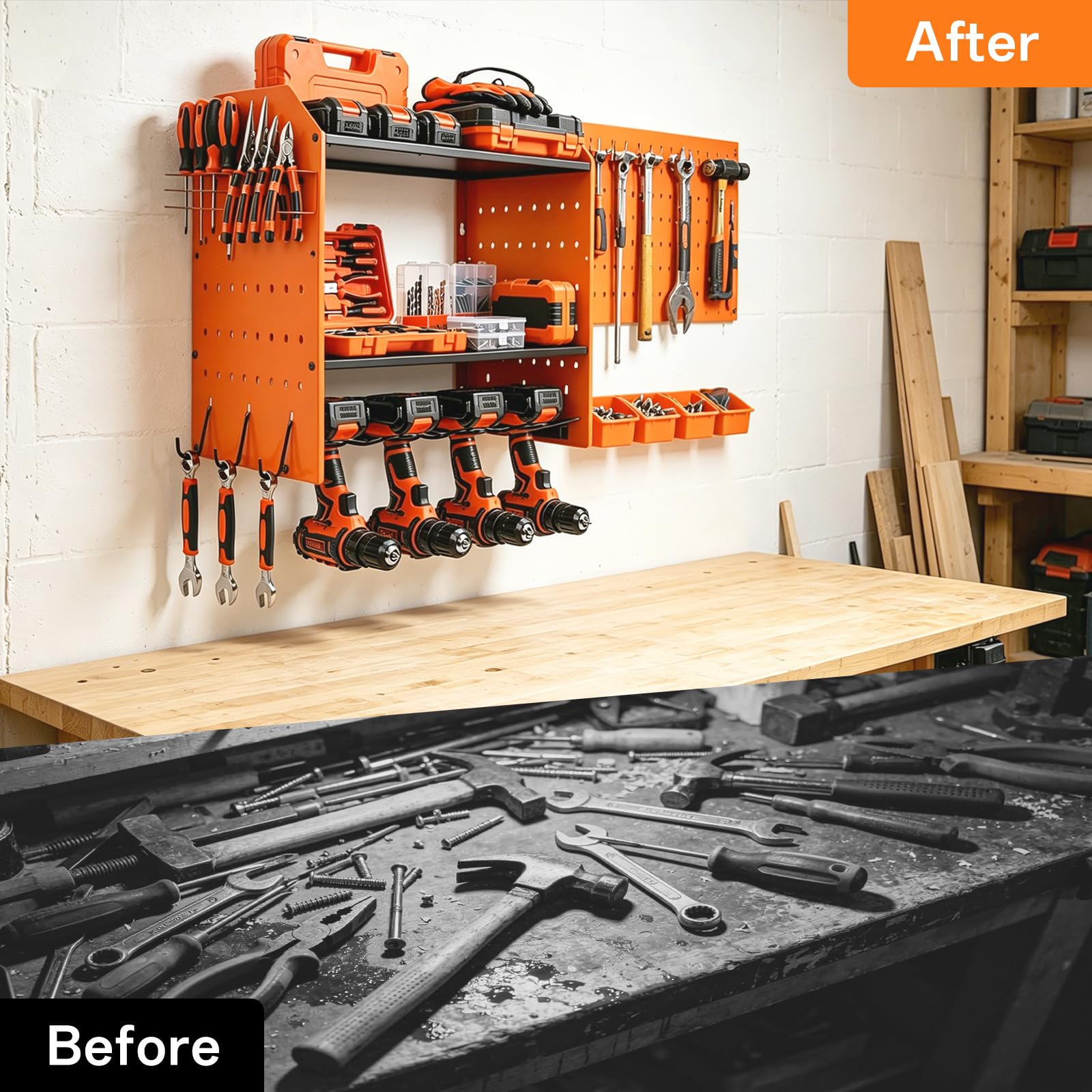 Soporte de pared para herramientas de 4 niveles, caja de almacenamiento para 4 herramientas eléctricas, taladro de impacto, portaherramientas para garaje y taller (naranja)