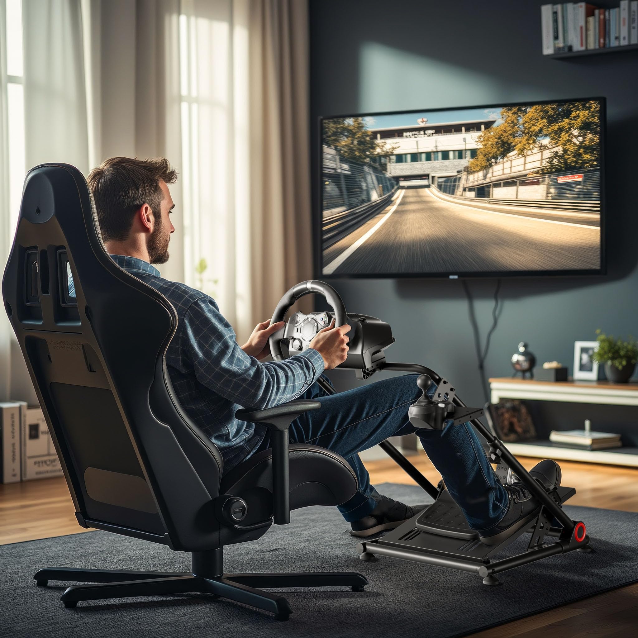WilTec Soporte de volante para simulación de carreras 68 x 82 x 83 cm negro plegable, ajustable, soporta hasta 20 kg, para volante y pedales - experiencia de simulación gaming realista