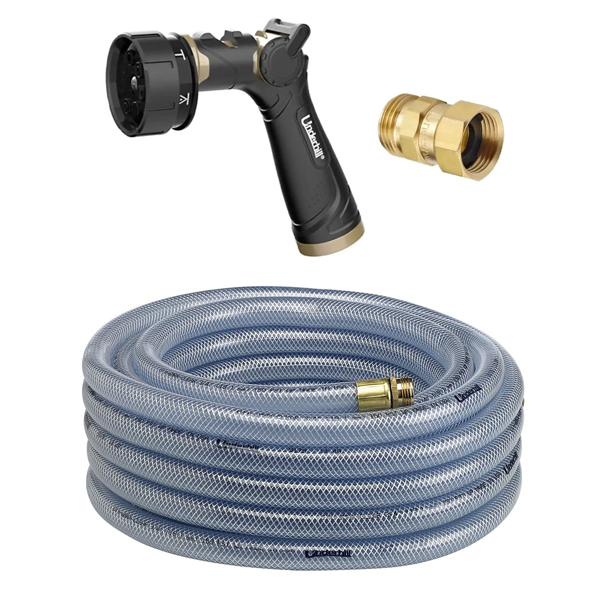 Underhill 3/4 Inch Garden Hose Nozzle Twist-Ease Kink Eliminator + Proline Master Gold 7 Spray Pattern Hose Nozzle + UltraMax 75 Foot Garden Hose