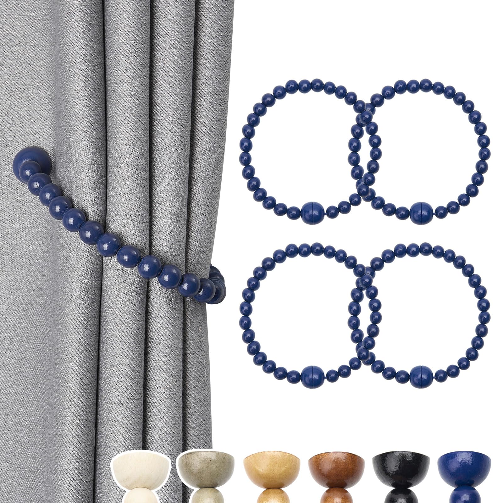 NICEEC 4 Pack Wood Bead Curtain Tiebacks Boho Farmhouse Decor Drape Tie Backs Strong Magnetic Natural Wooden Beaded Curtain Holdbacks for Home &