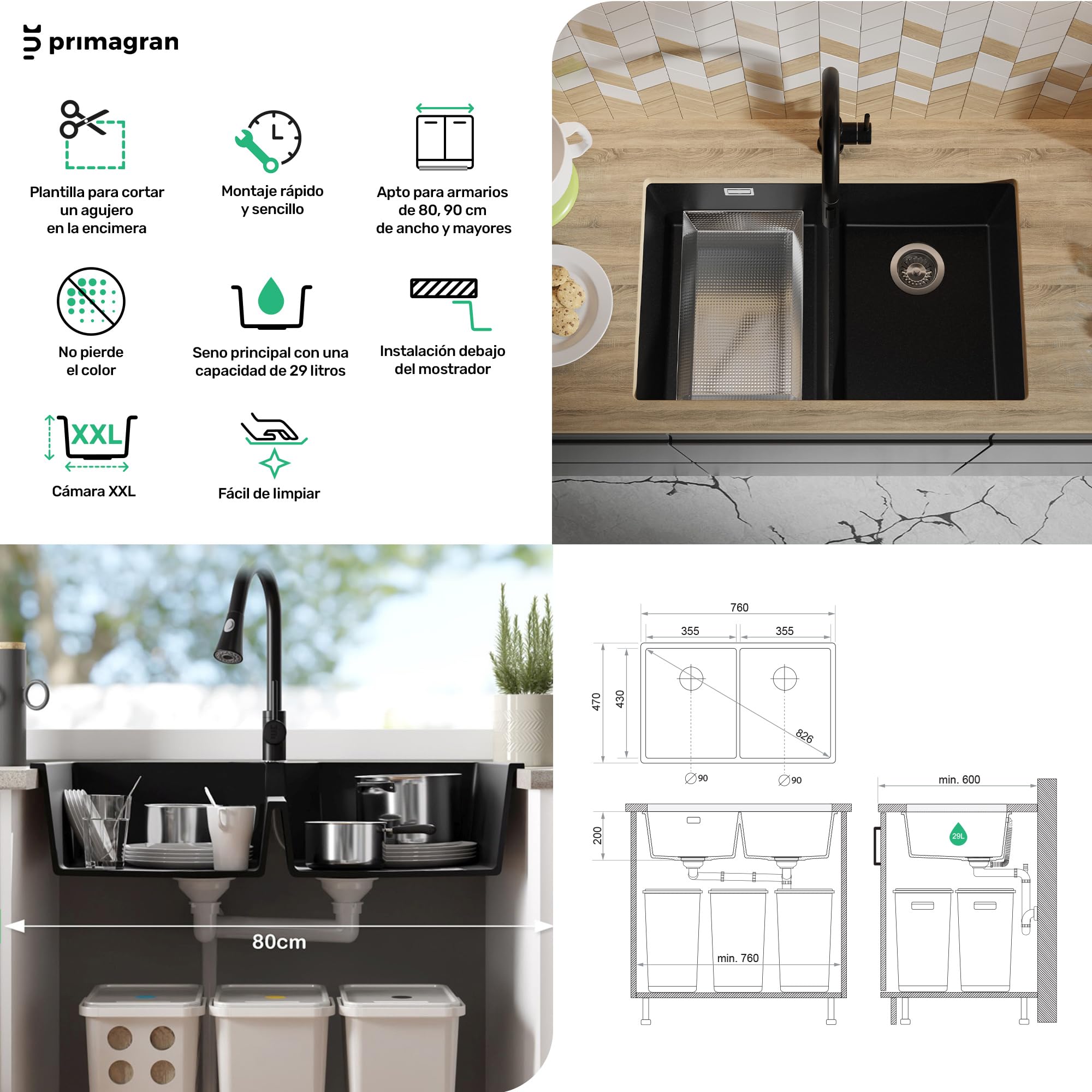 PRIMAGRAN Fregadero bajo Encimera Negro 76x47cm, Cocina 2 Senos + Sifón, Granito al Mueble 80cm - London Twin S001