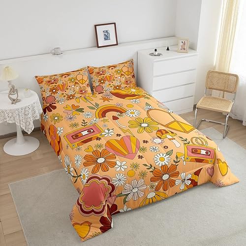 Miniatura 3 de Groovy Style - Juego de edredón de tamaño matrimonial, juego de ropa de cama vintage de los años 60 y 70 con diseño de garabatos de flores para